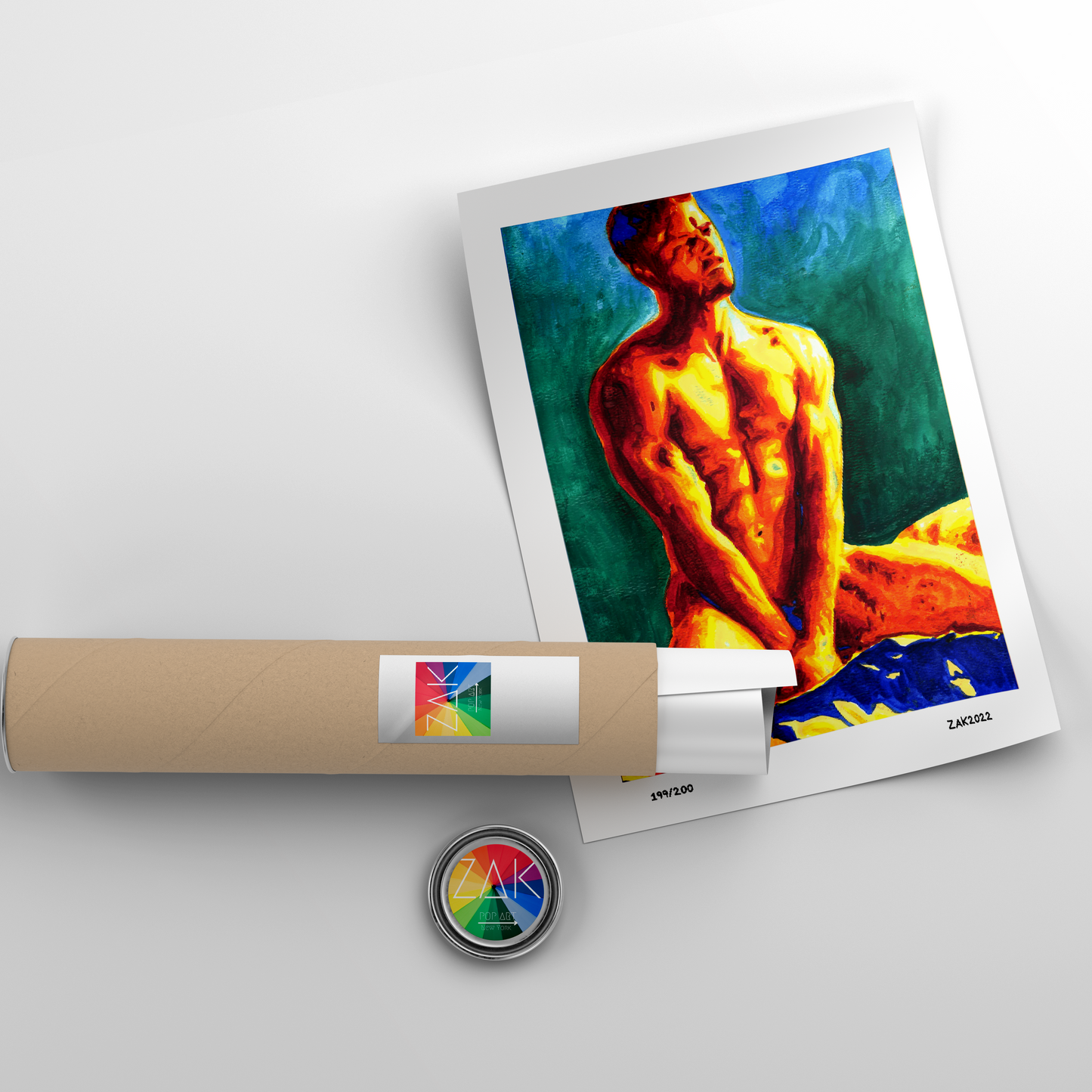 This image features a striking Giclée print titled "Beach Day," original artwork by Zak Pop Art. The print captures the essence of a vibrant and erotic scene, portraying a nude male figure seated, with a blend of warm and cool hues that create a captivating contrast.