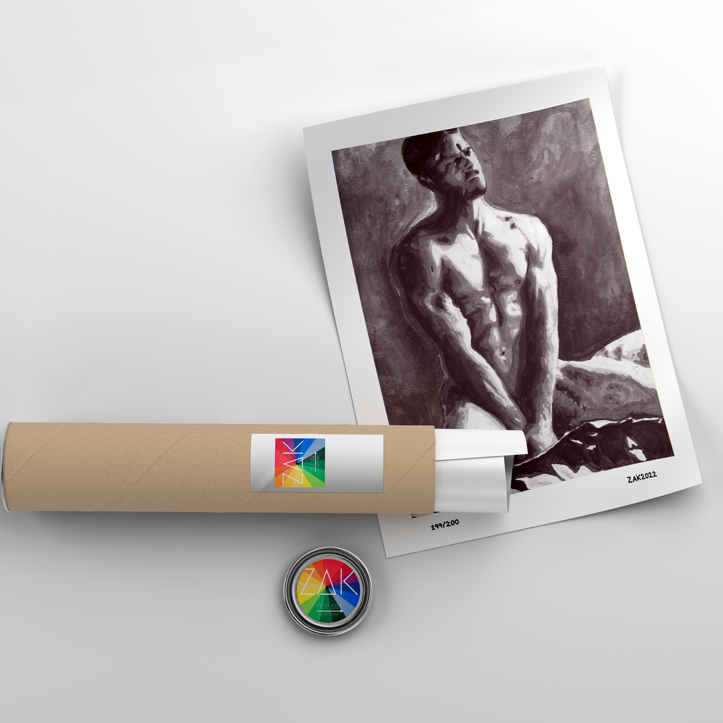 This image features a striking black and white art print of an abstract nude male figure. The print is rendered in a minimalist style, emphasizing the contours and subtleties of the human form through a monochromatic palette.