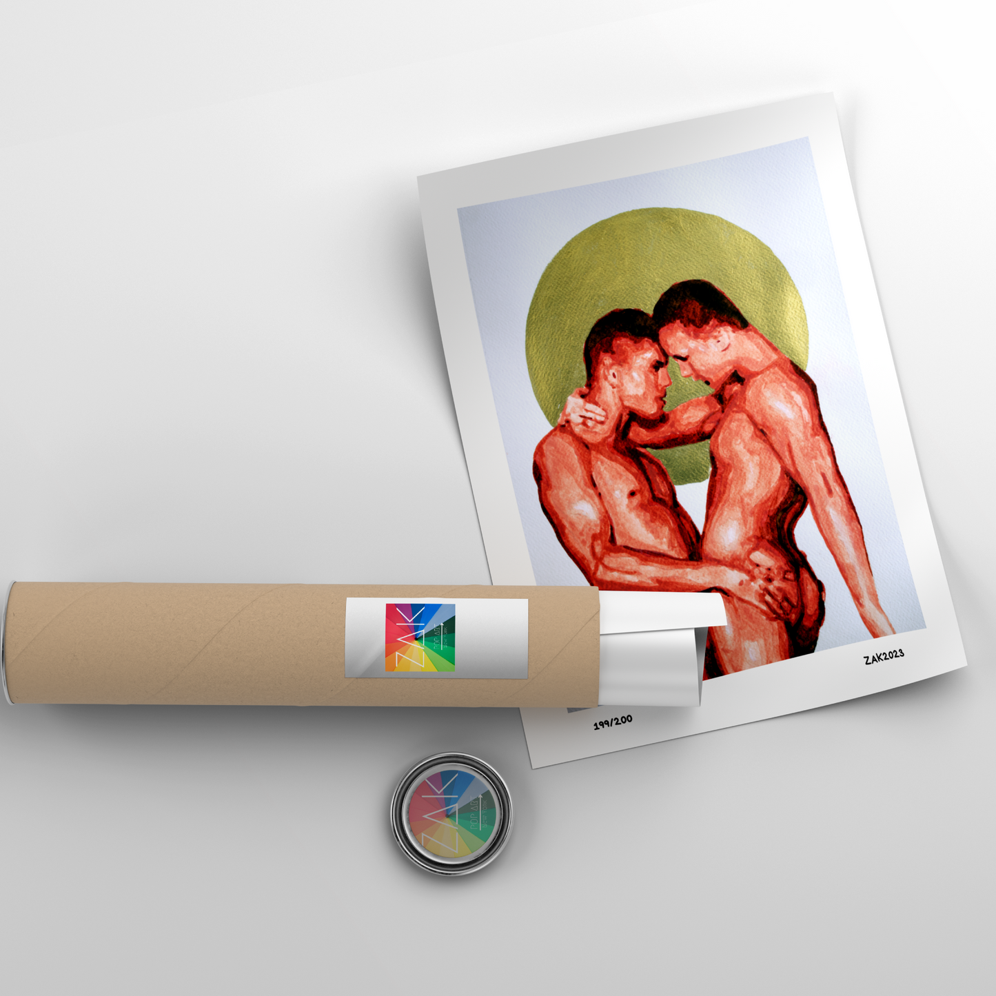 This image features a striking print of a gay couple, presented in a modern, minimalist style. The artwork is a Giclée print on acid-free, PH-neutral archival paper, ensuring a high-quality and durable finish.