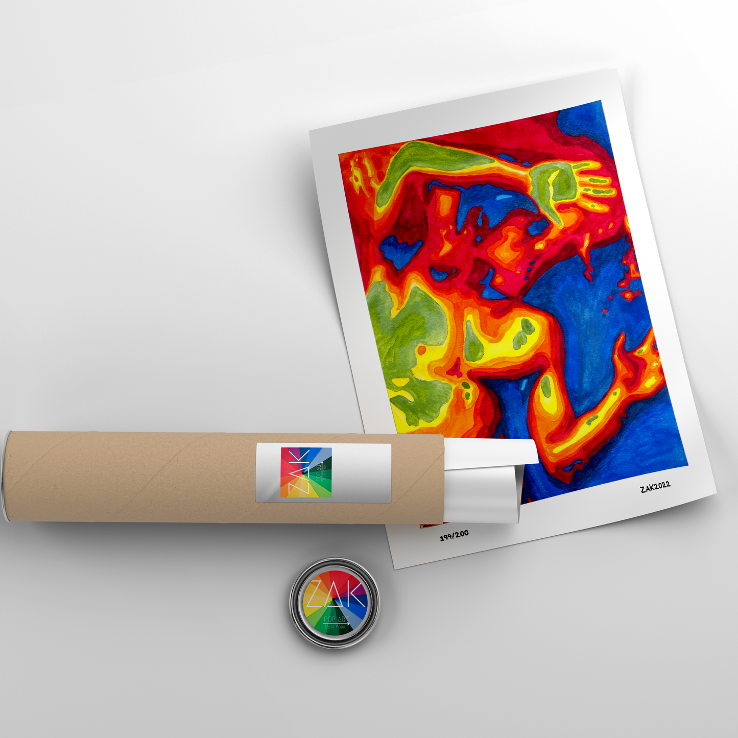 This image features a vibrant and colorful art print titled "X-Ray," which is part of a limited edition Giclée series. The artwork is a dynamic and abstract composition in a mix of warm and cool hues, depicting a male figure in an expressive pose.