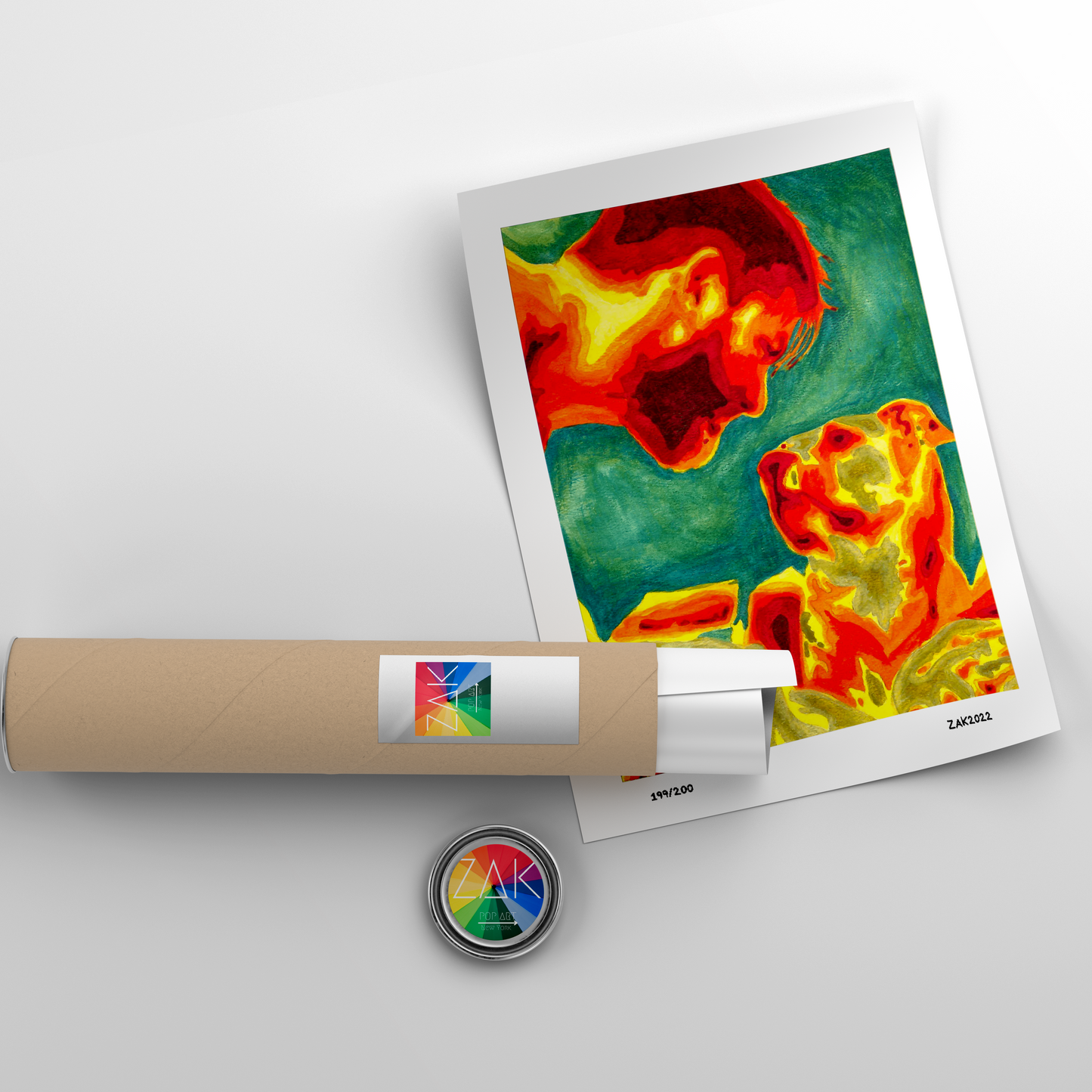 A colorful art print featuring a painting with a male figure and a dog's face, framed in a light wood enclosure.