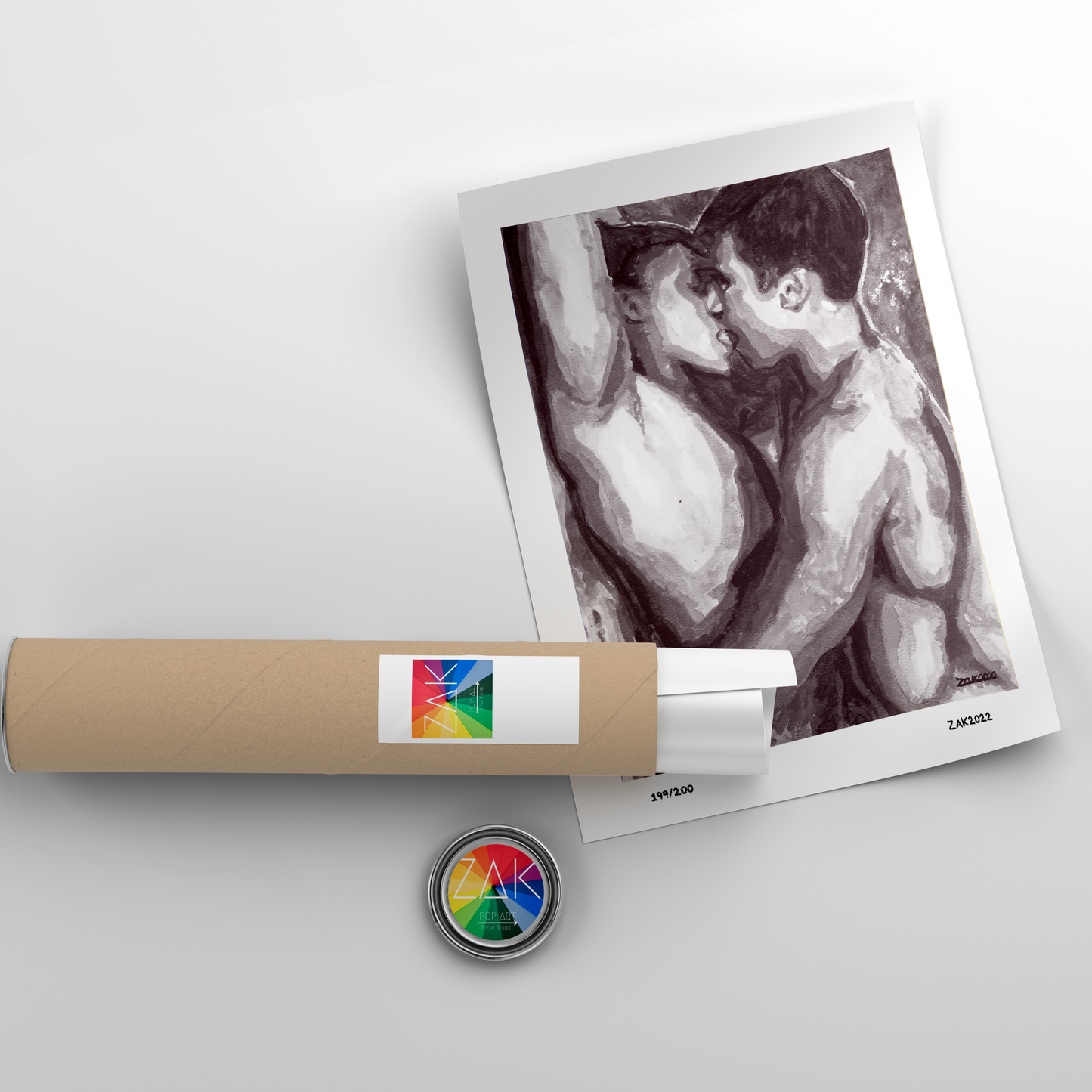 This image features a striking black and white watercolor print of a gay couple kissing. The artwork captures the intimate moment with soft, minimalist lines and a monochromatic palette, emphasizing the emotional depth of the scene.