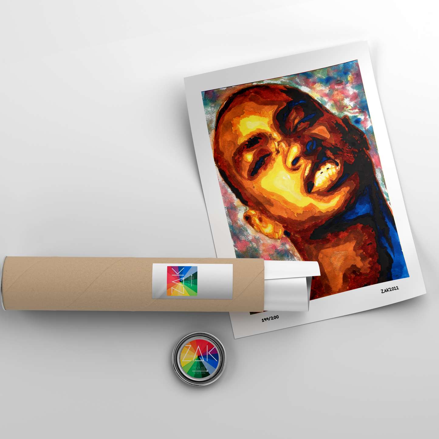 A framed artwork featuring an abstract portrait of a male figure with vibrant colors, signed and numbered by the artist.