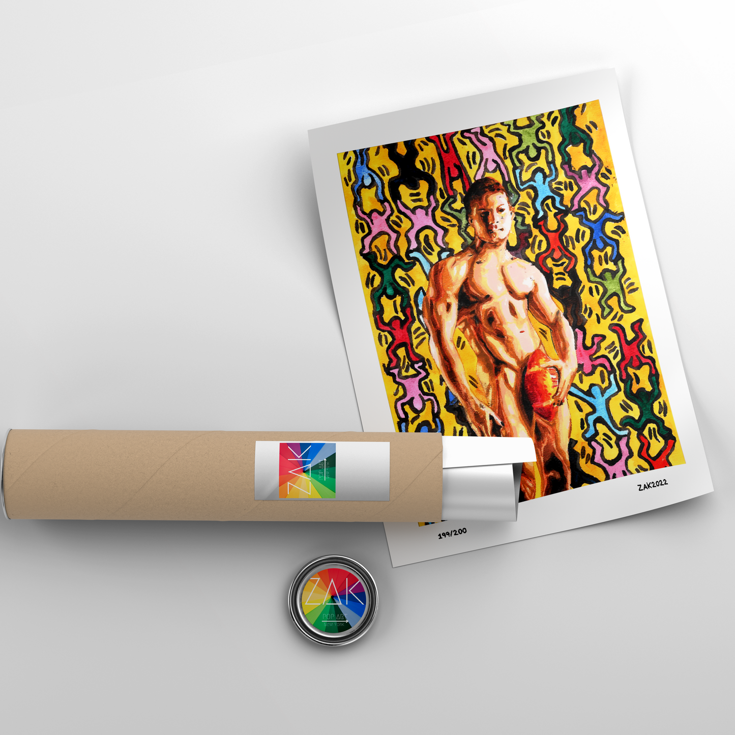 This image features a striking Giclée print of an original watercolor painting, encapsulated in a simple black frame. The artwork depicts a vibrant and colorful illustration of a male figure, set against a background of abstract, geometric patterns in a variety of bright colors.