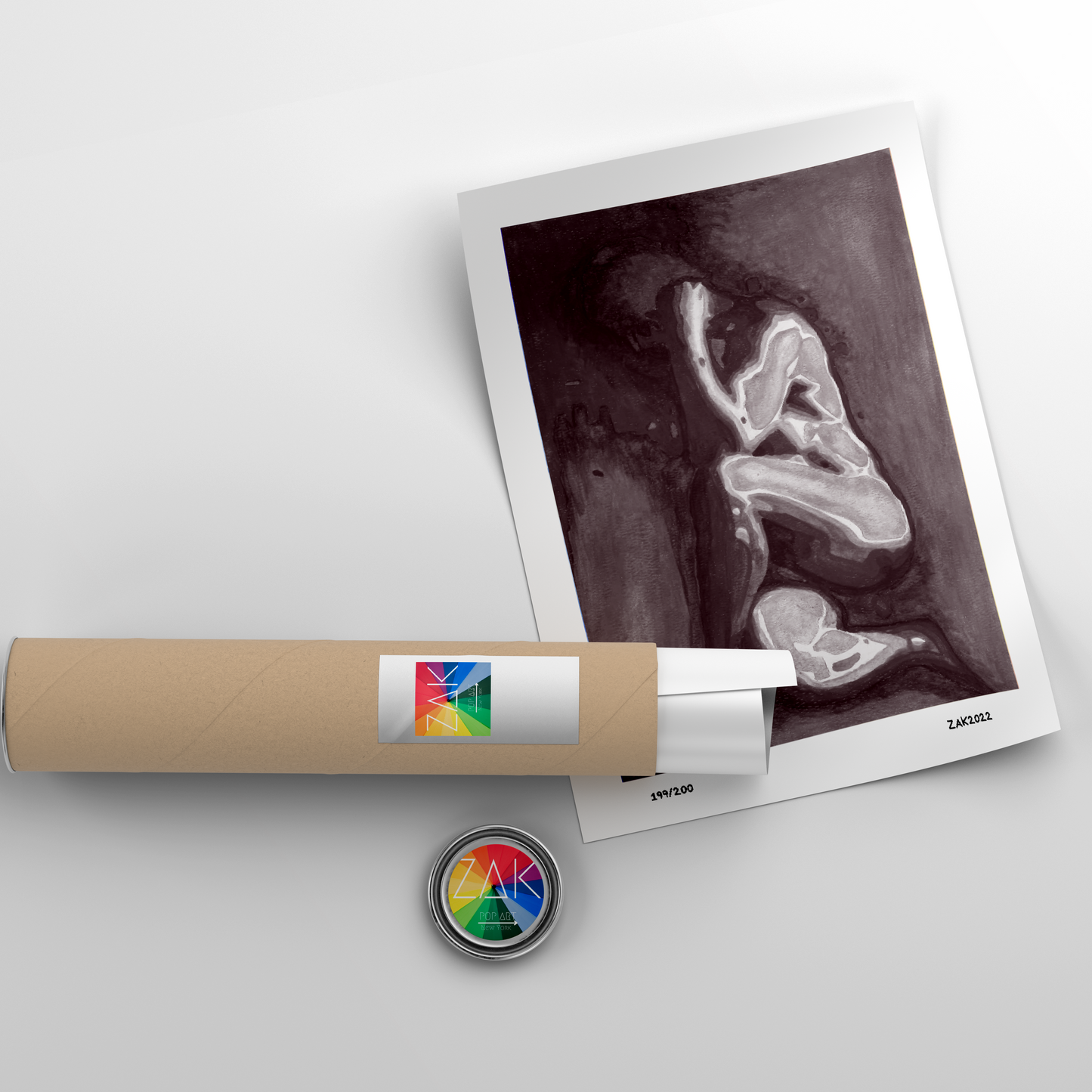 This image features a striking Giclée print of an original male nude painting. The artwork depicts a naked man in a contorted, erotic pose, highlighting the play of light and shadow across the figure.