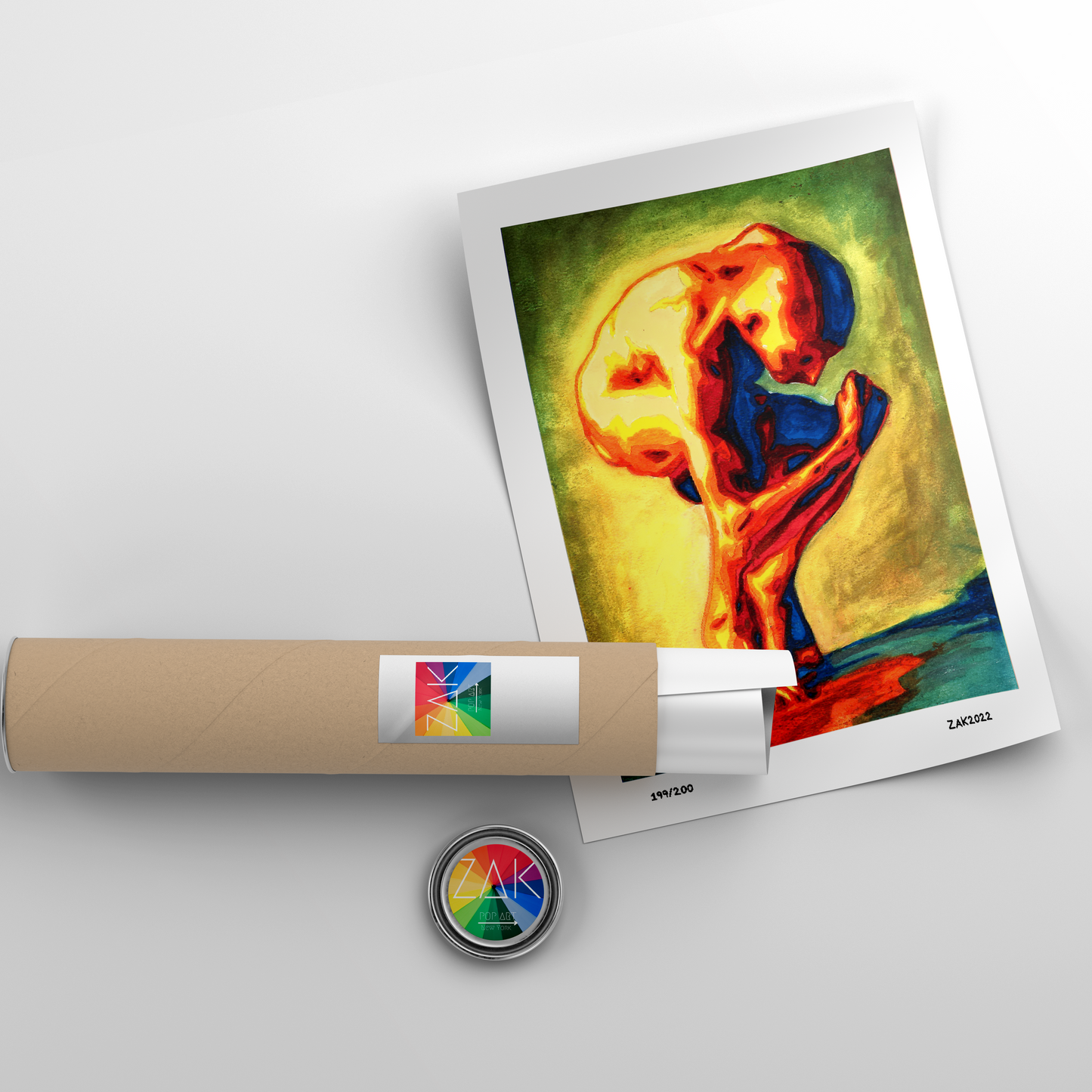 A framed Giclée print featuring an abstract, colorful artwork of a male figure in a kneeling position.