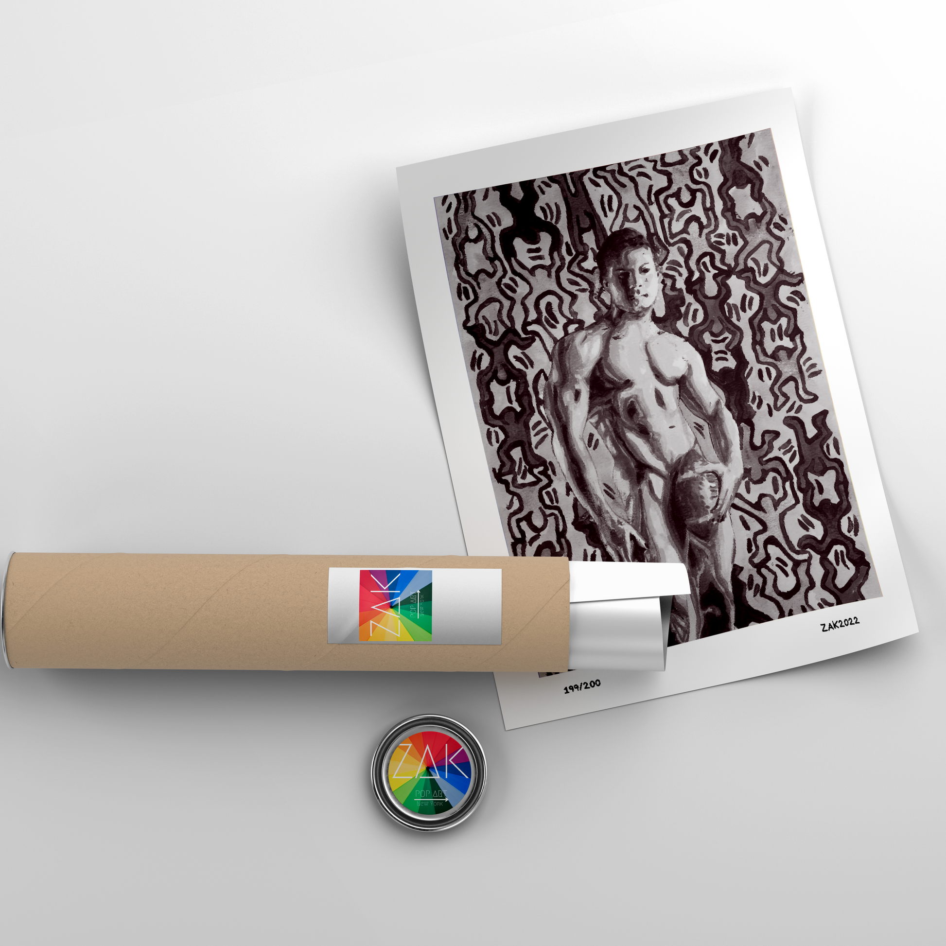 This image features a striking black and white art print of a painting by Keith Haring, presented in a simple, elegant frame. The artwork captures a male figure in a provocative pose, set against a patterned background that enhances the visual drama of the figure.