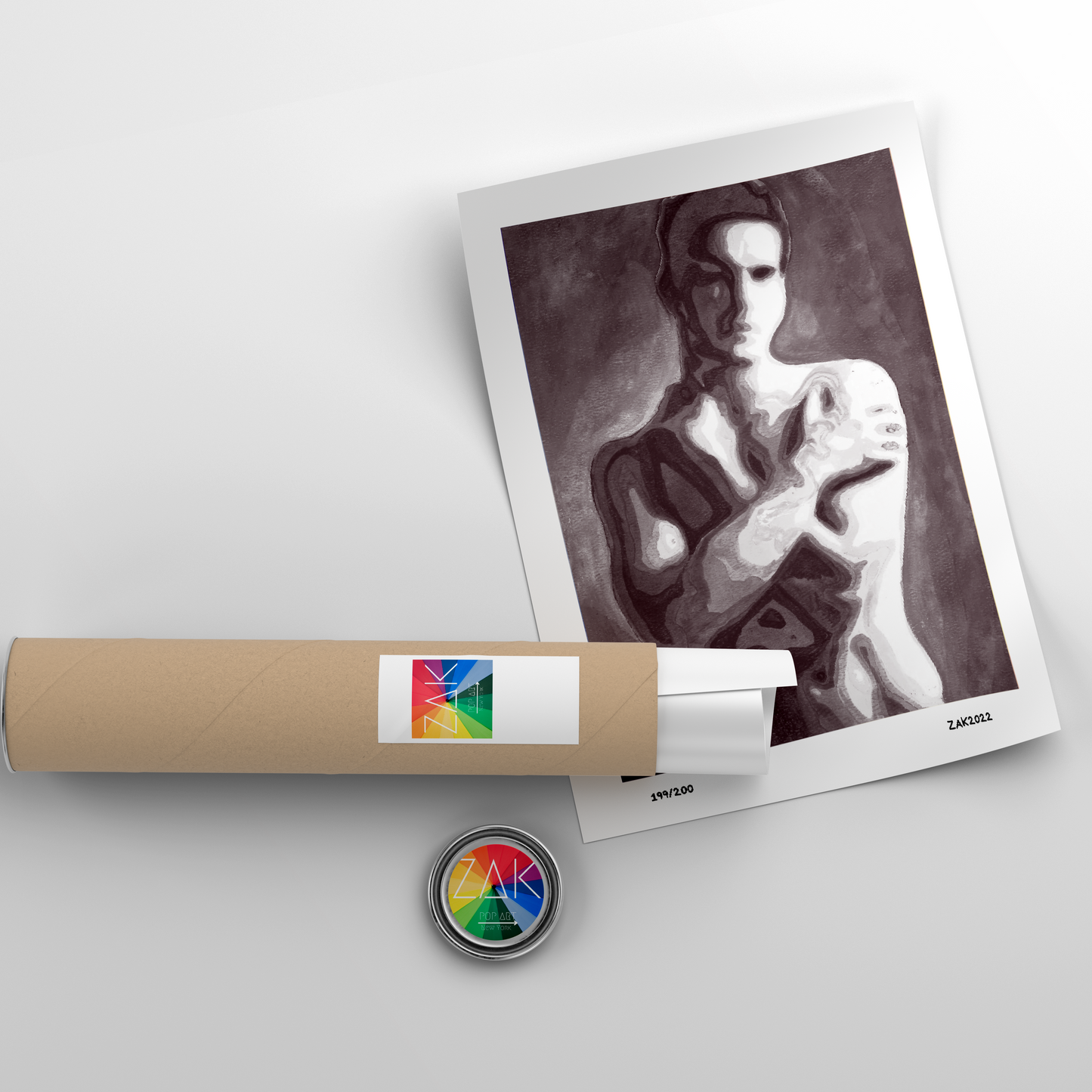 A black and white art print of a nude male figure with crossed hands, framed in a simple wood frame.