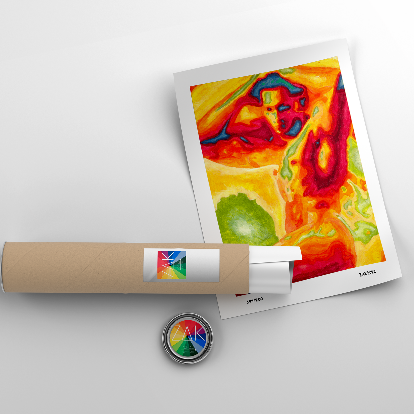 This image features a vibrant and colorful art print titled "South Beach Male," created by artist Zak Mohammed. The print is a Giclée reproduction of an original painting, showcasing a dynamic and abstract depiction of a male figure in a blend of warm and cool hues.