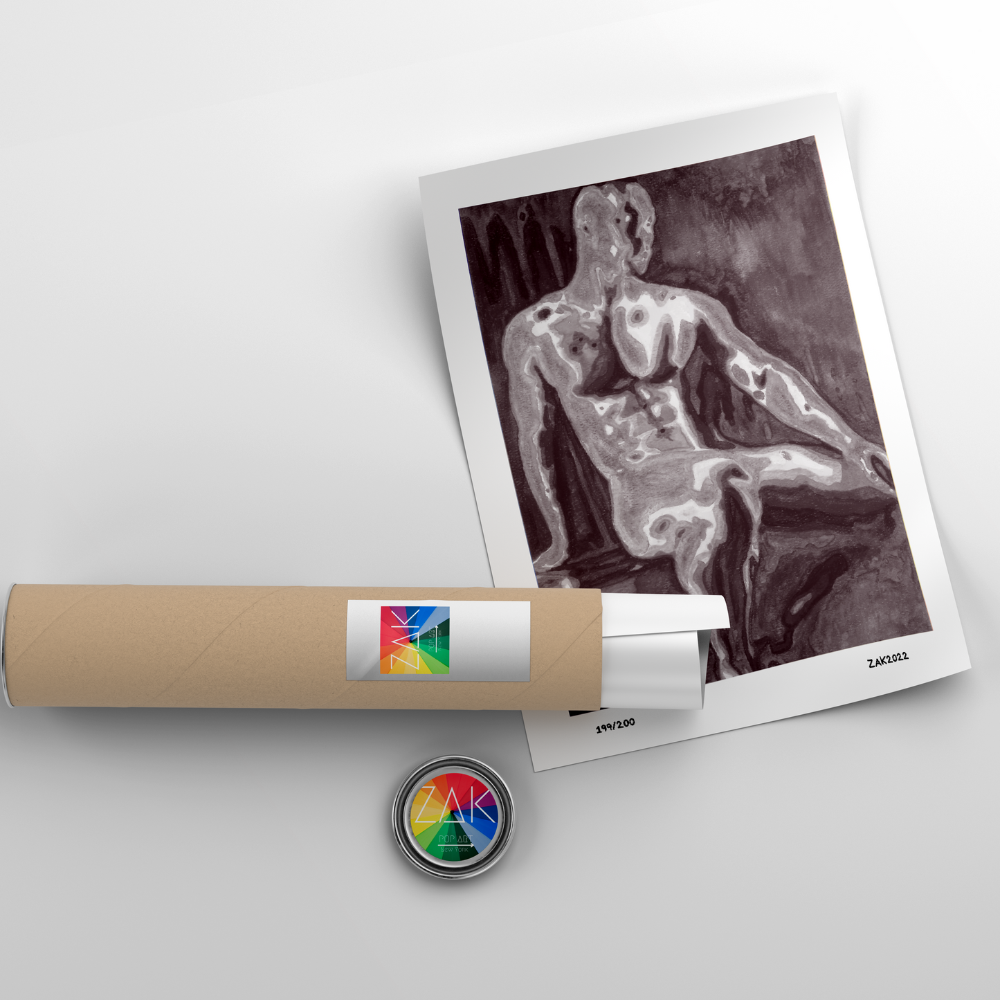 A black and white print of a nude male figure seated in a Turkish bath, framed in a light wood frame.