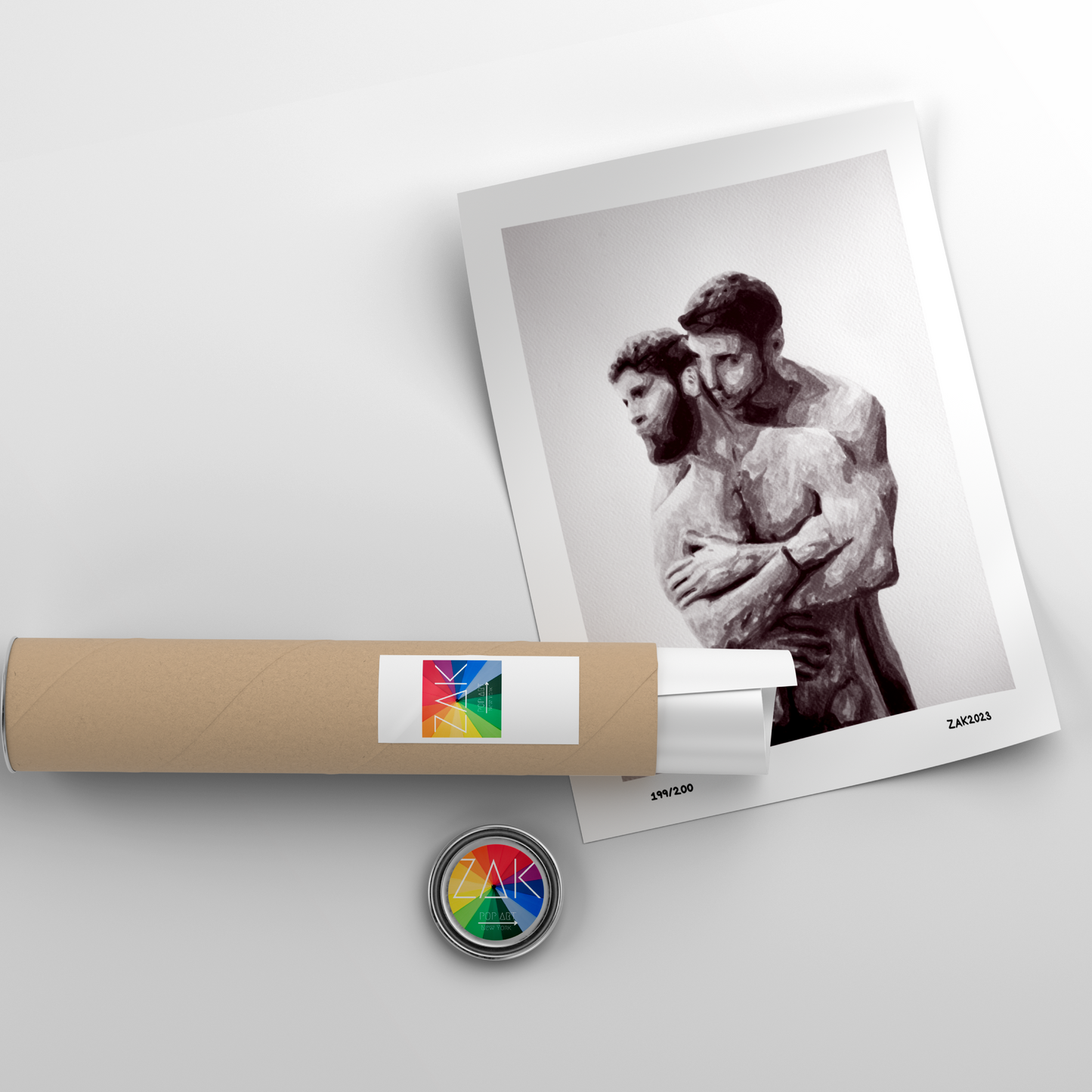 This image features a captivating watercolor art print titled "Hugging," depicting a nude male couple in a tender embrace. The artwork is rendered in a delicate and expressive style, capturing the depth of emotion and physical connection between the figures.