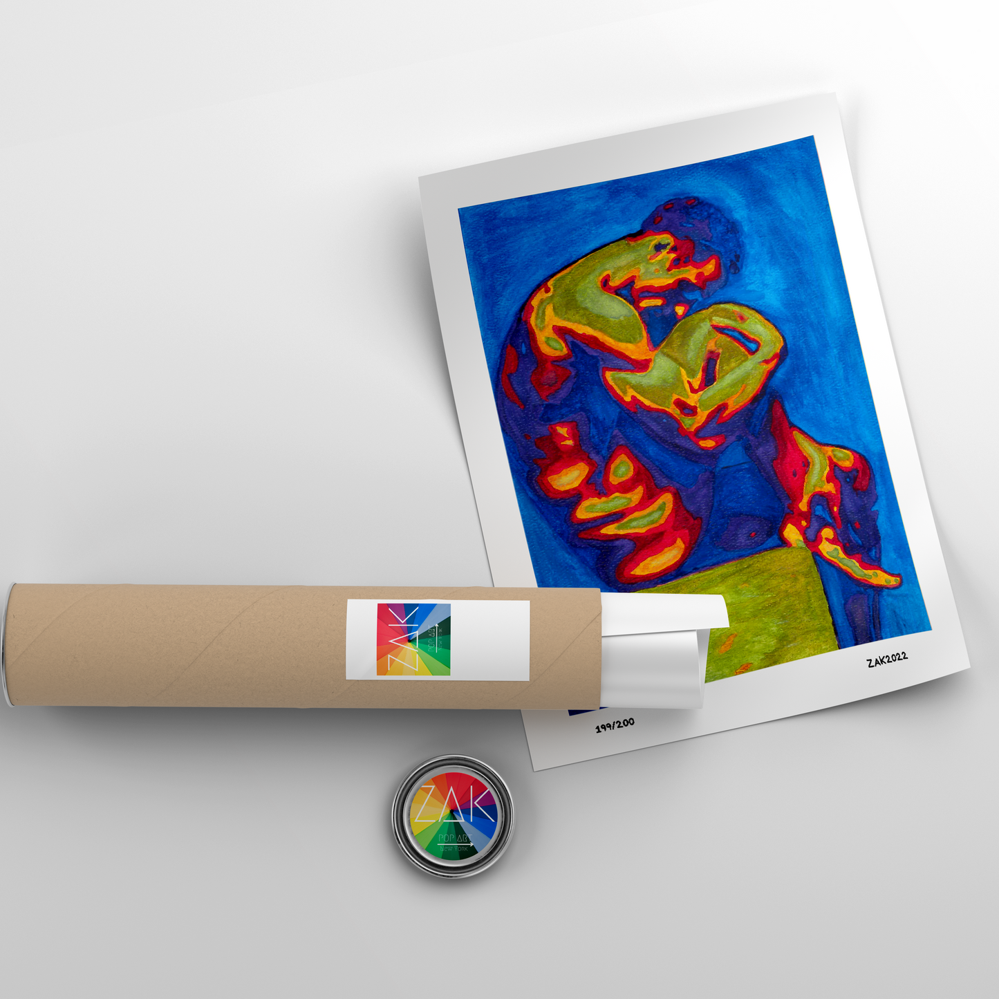 This image features a striking Giclée print titled "Roman statue," presented in a modern abstract style. The artwork depicts a nude male figure, stylized in a dynamic, abstract form set against a vivid blue background with hints of red and yellow.
