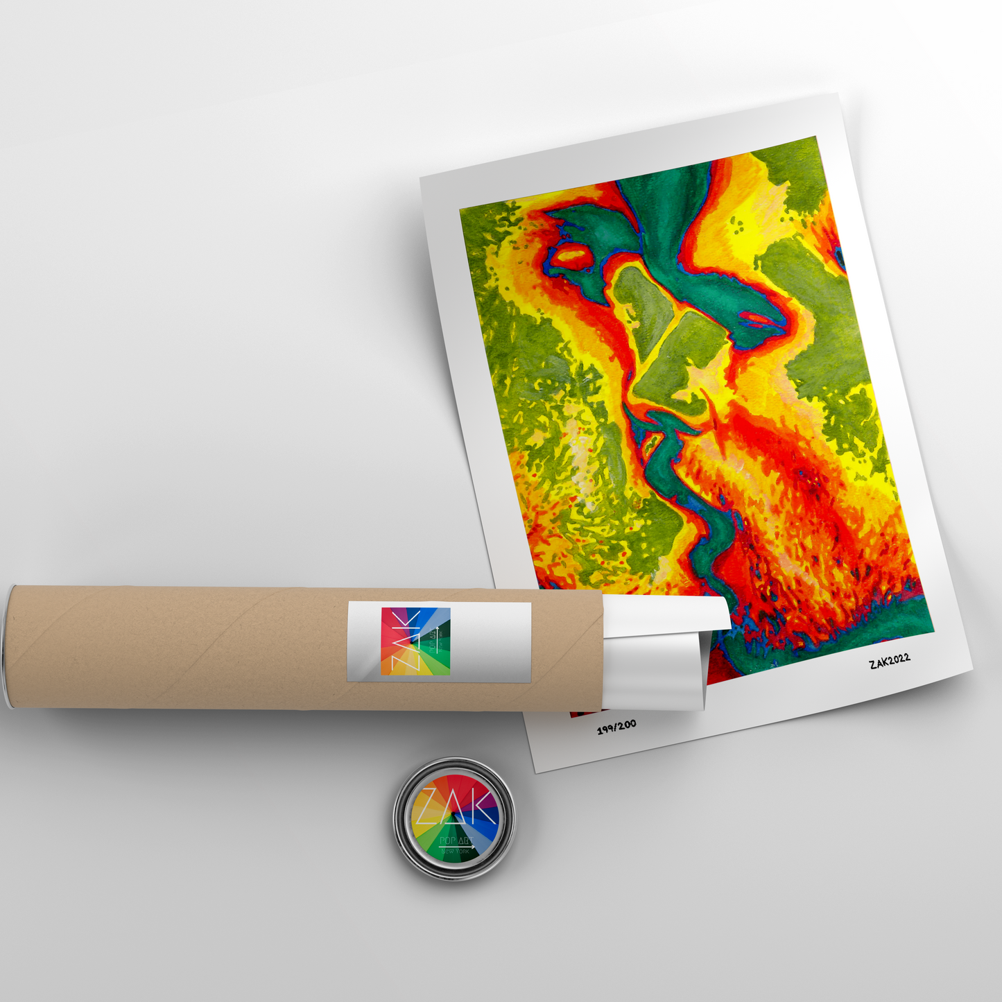 A vibrant, multicolored abstract artwork featuring a blend of green, red, and yellow hues, presented in a simple frame.