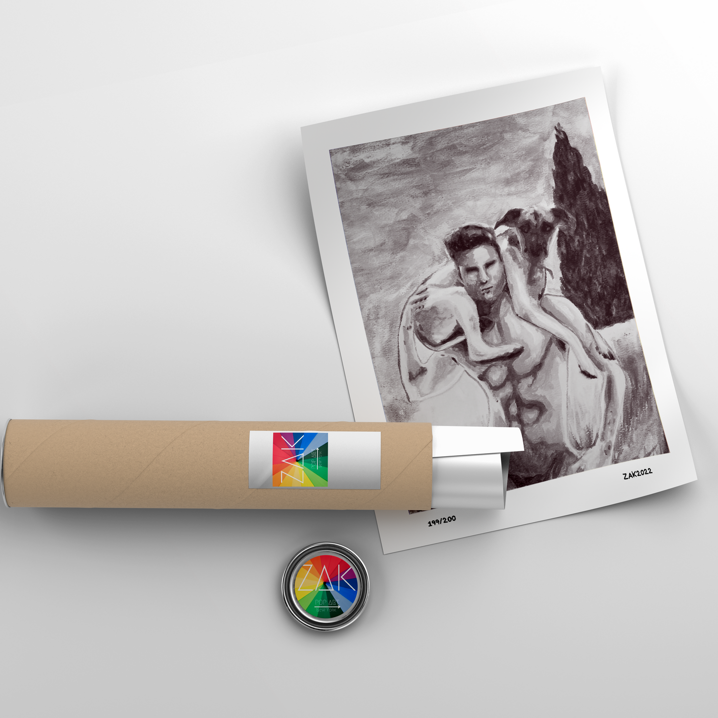 Full Nude Watercolor Art Print | Man with Dog | black & white | Gay Art Print | Homoerotic Art Print | Gay Male Art | Gay Couple Gift