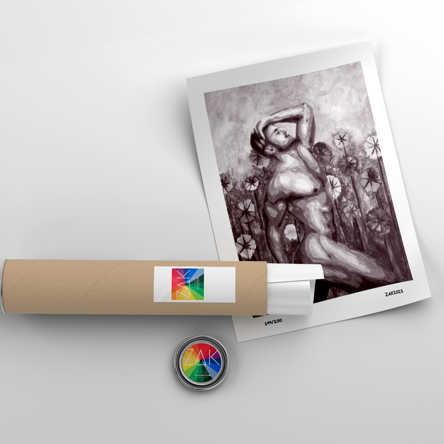 Black and white art print of a nude male figure with a floral background, framed in a light wood frame.