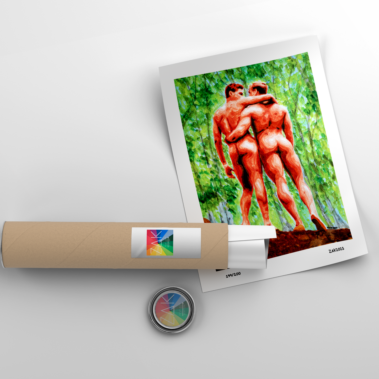 This image features the "Jungle Love" art print, showcasing an expressive and vibrant depiction of a nude male couple in a romantic embrace amidst lush, exotic nature. The artwork captures the sensuality of the male form, particularly emphasizing the male buttock, which is a prominent feature.