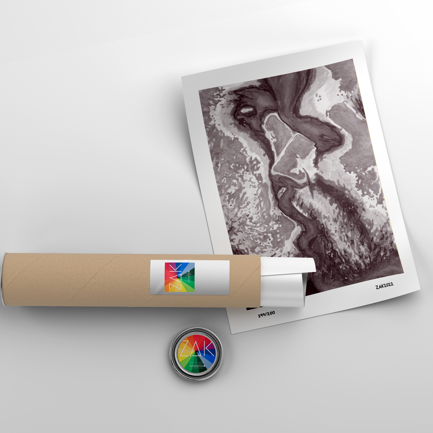 This image features a striking black and white print titled "The Kiss," presented in a simple, elegant frame. The artwork depicts an abstract and poetic representation of homoerotic love, showcasing a blend of dark and light tones that evoke a sense of mystery and passion.