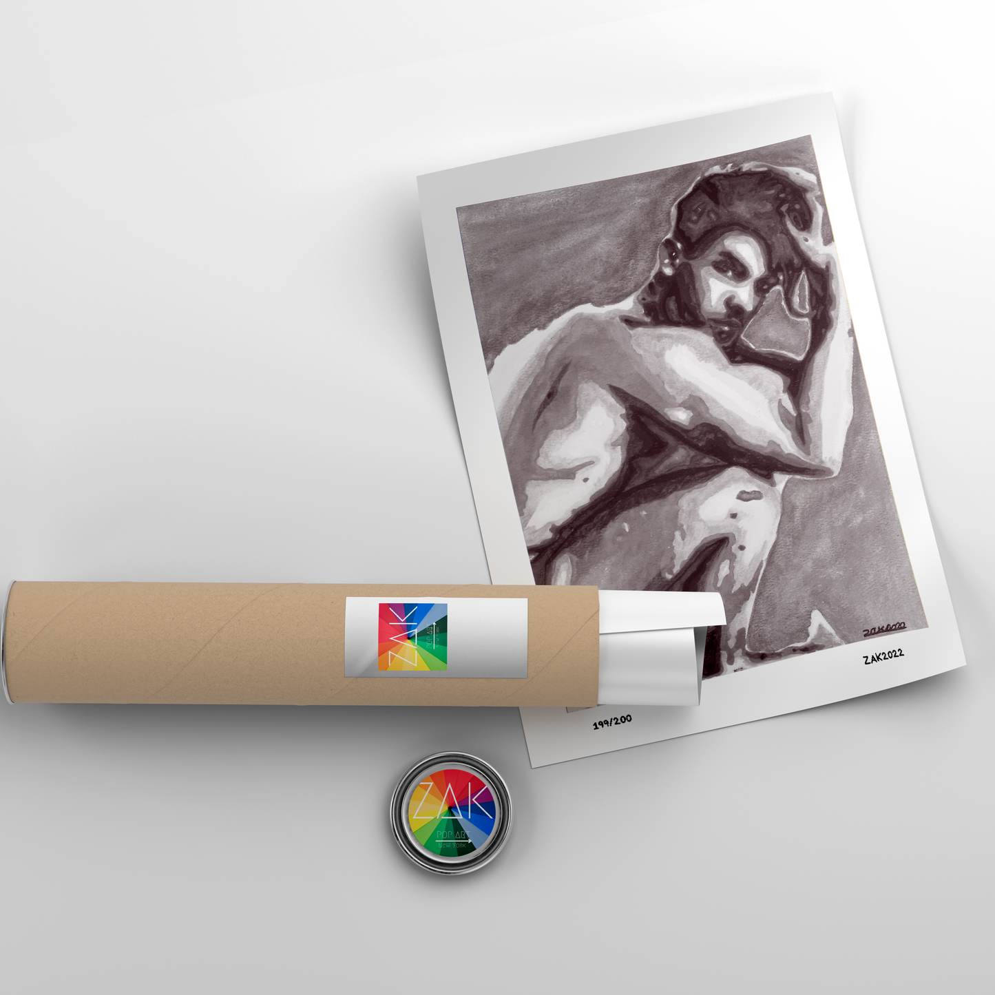 Black and white art print of a male figure in a thoughtful pose with a visible penis, framed in a simple white frame.