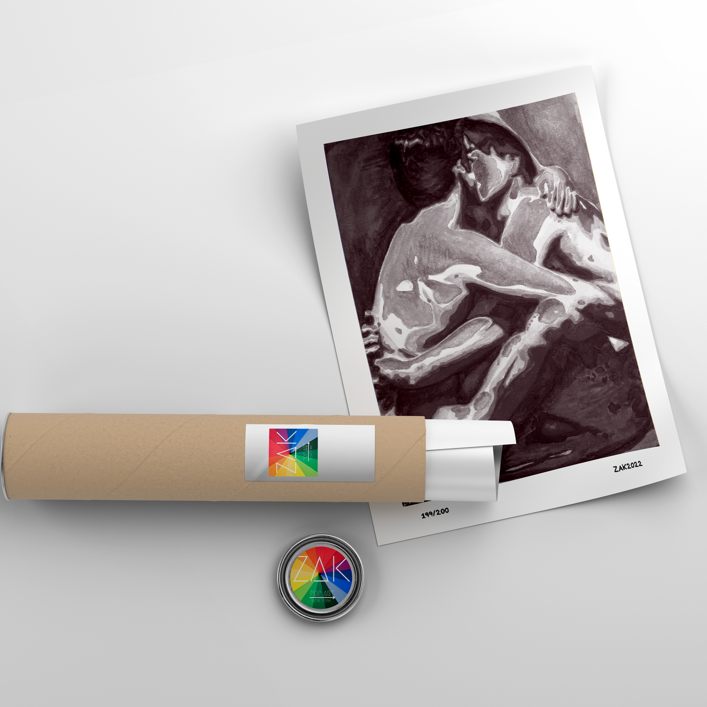 This image features a striking Giclée print of an original painting, showcasing a black and white depiction of a gay nude couple. The artwork is rendered in a soft, expressive style, capturing a tender moment of intimacy.