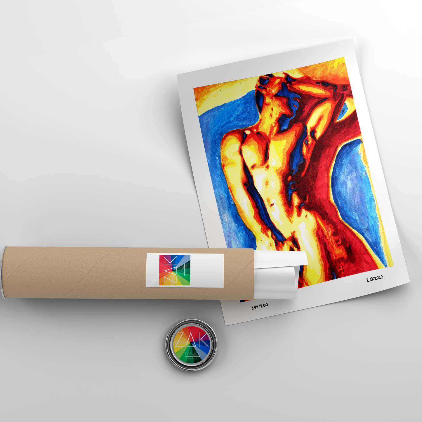 This image features a striking art print titled "Under the Light," which portrays a vivid and colorful depiction of a male figure in a contorted pose. The artwork, originating from an original watercolor painting, captures a blend of warm and cool hues, creating a powerful visual impact.