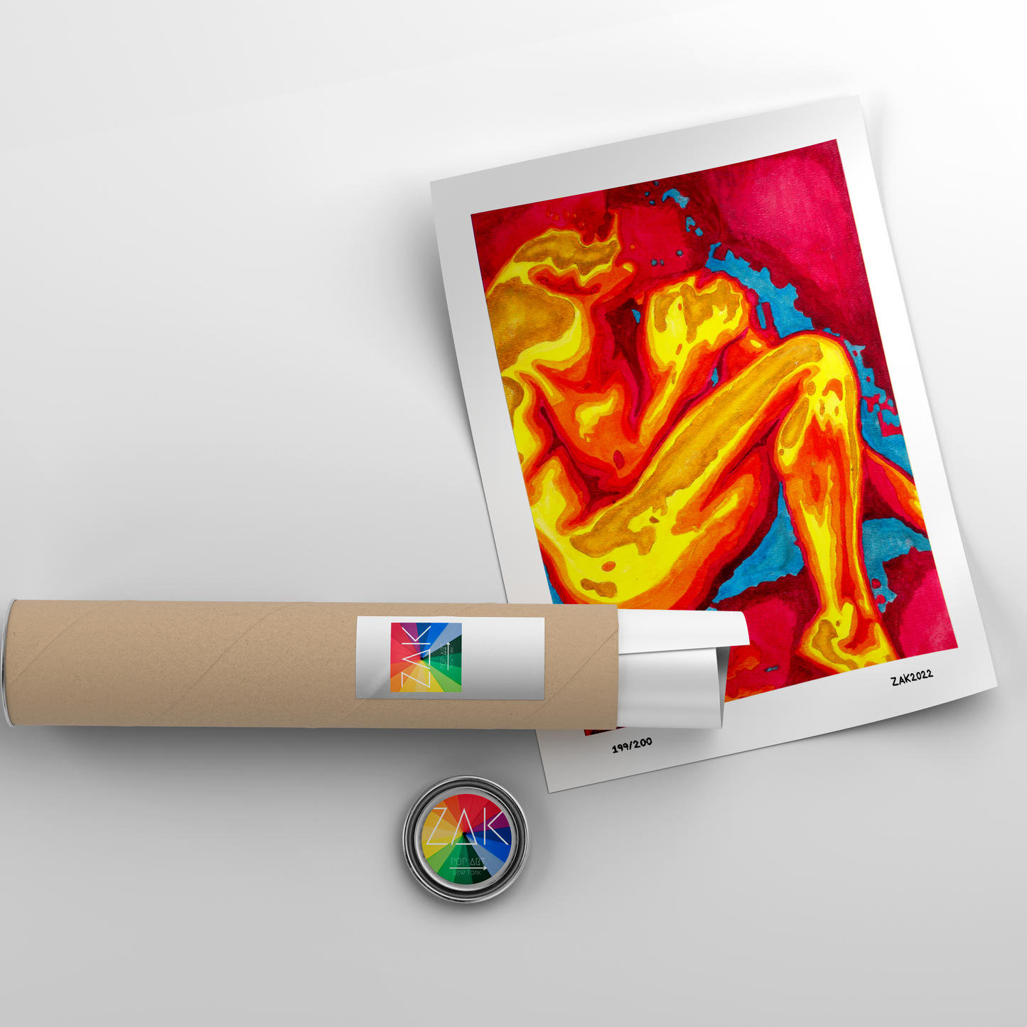 This image features a striking Giclée print titled "In the Womb" by artist Zak Mohammed. The artwork is a vivid and unique reproduction of an original painting, showcasing a powerful and emotional depiction of a nude male figure in a kneeling pose.
