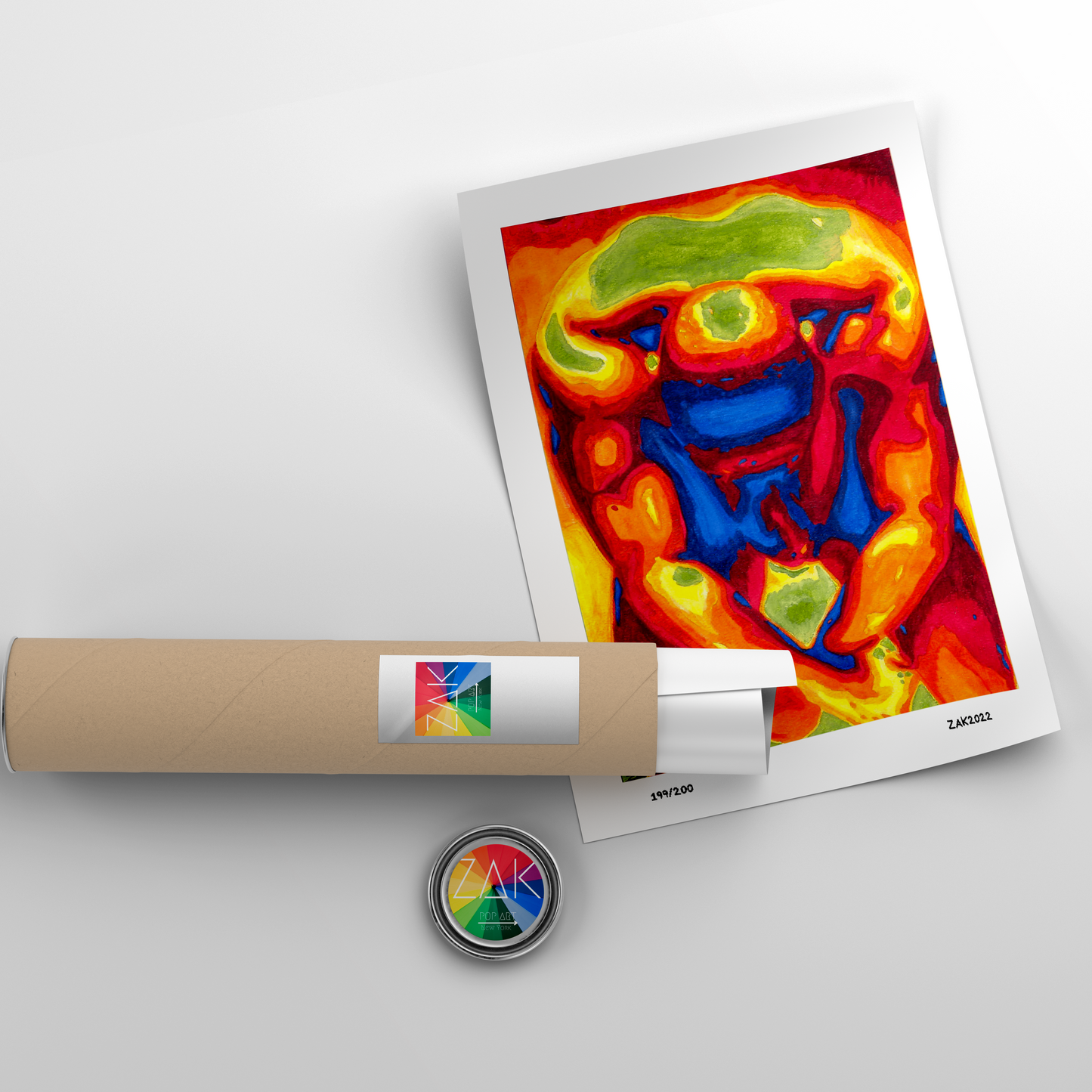 This image features a vibrant and colorful art print titled "Exhausted 2," presented in a striking queer male nude theme. The artwork is characterized by its bold, abstract style, with a fusion of warm and cool hues that create a dynamic visual effect.