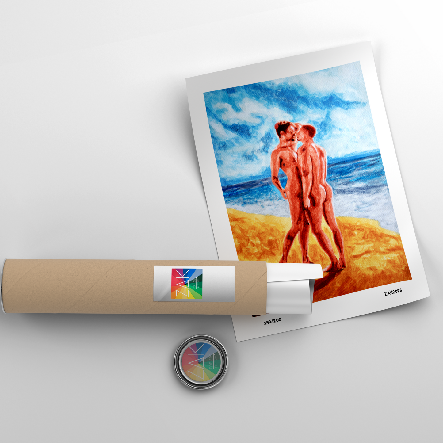 This image features a captivating Giclée print depicting a romantic and sensual scene of two nude male figures on a beach. The artwork is rich in color and detail, capturing the intimate moment of the figures embracing each other under a blue sky with a backdrop of the ocean.