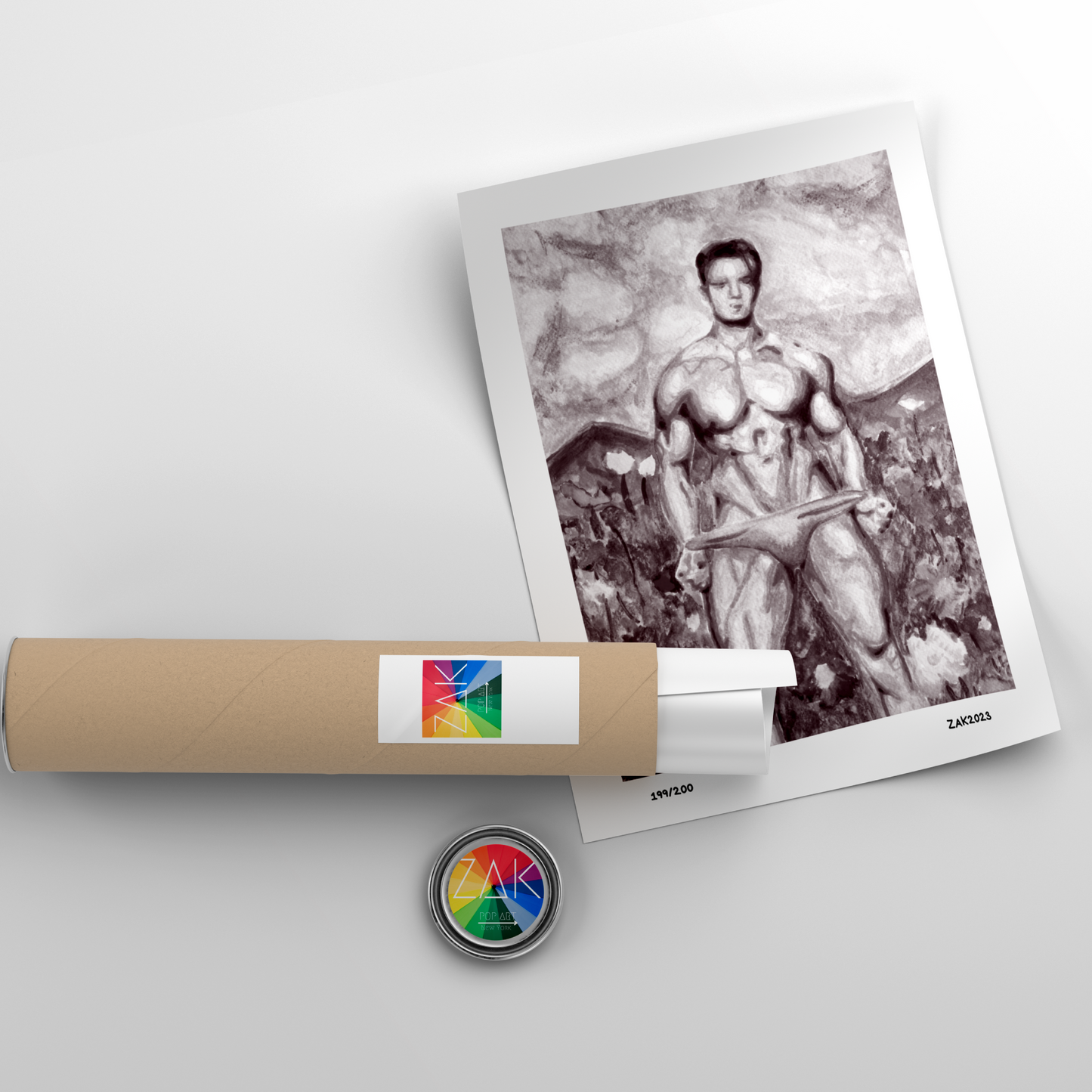 Black and white art print of a male model in underwear standing in a flower garden, framed in a light wood frame.