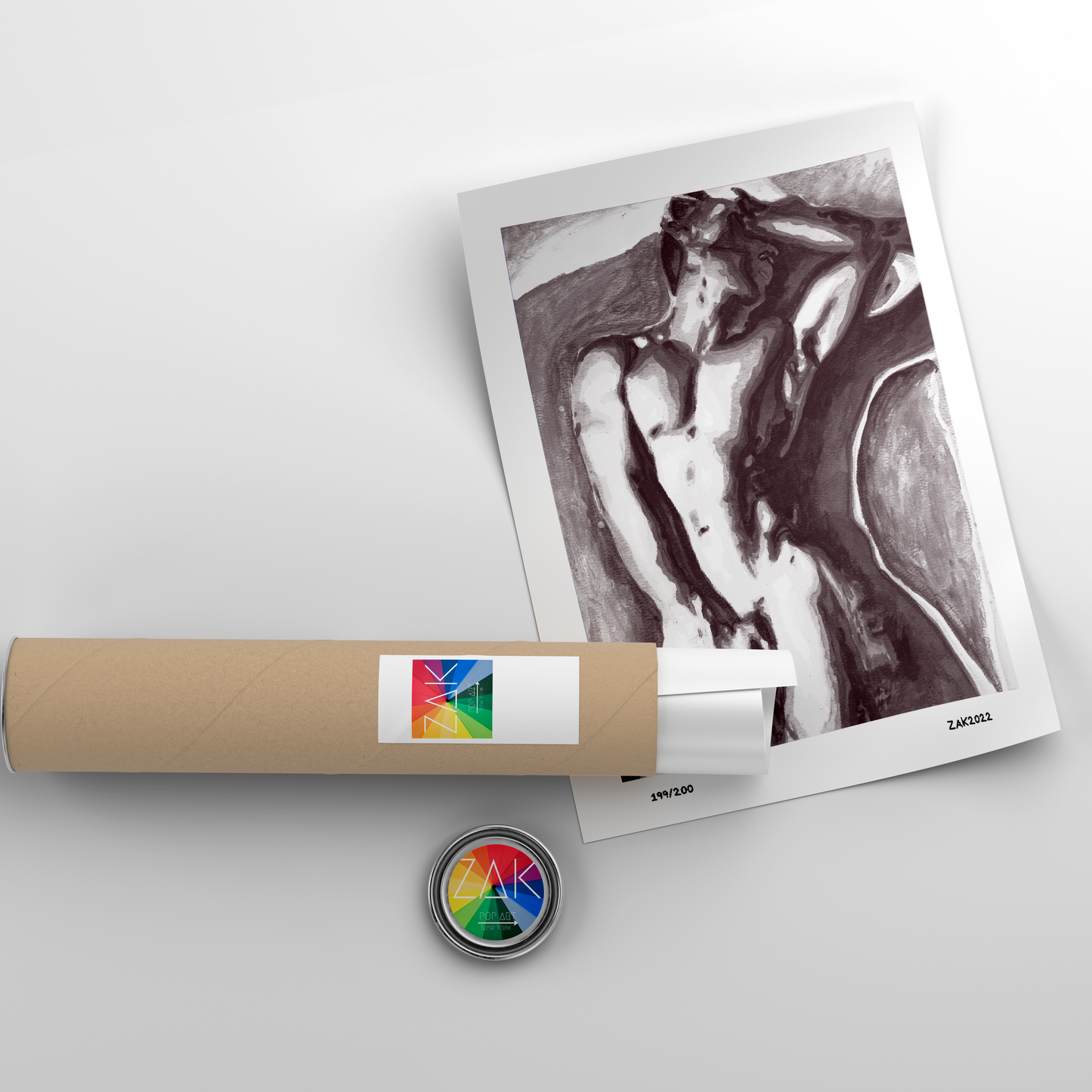 This image features a striking black and white print of a male nude, presented in a simple, elegant frame. The artwork captures a powerful and erotic depiction of the male form, emphasizing bold and expressive lines that convey a sense of movement and emotion.