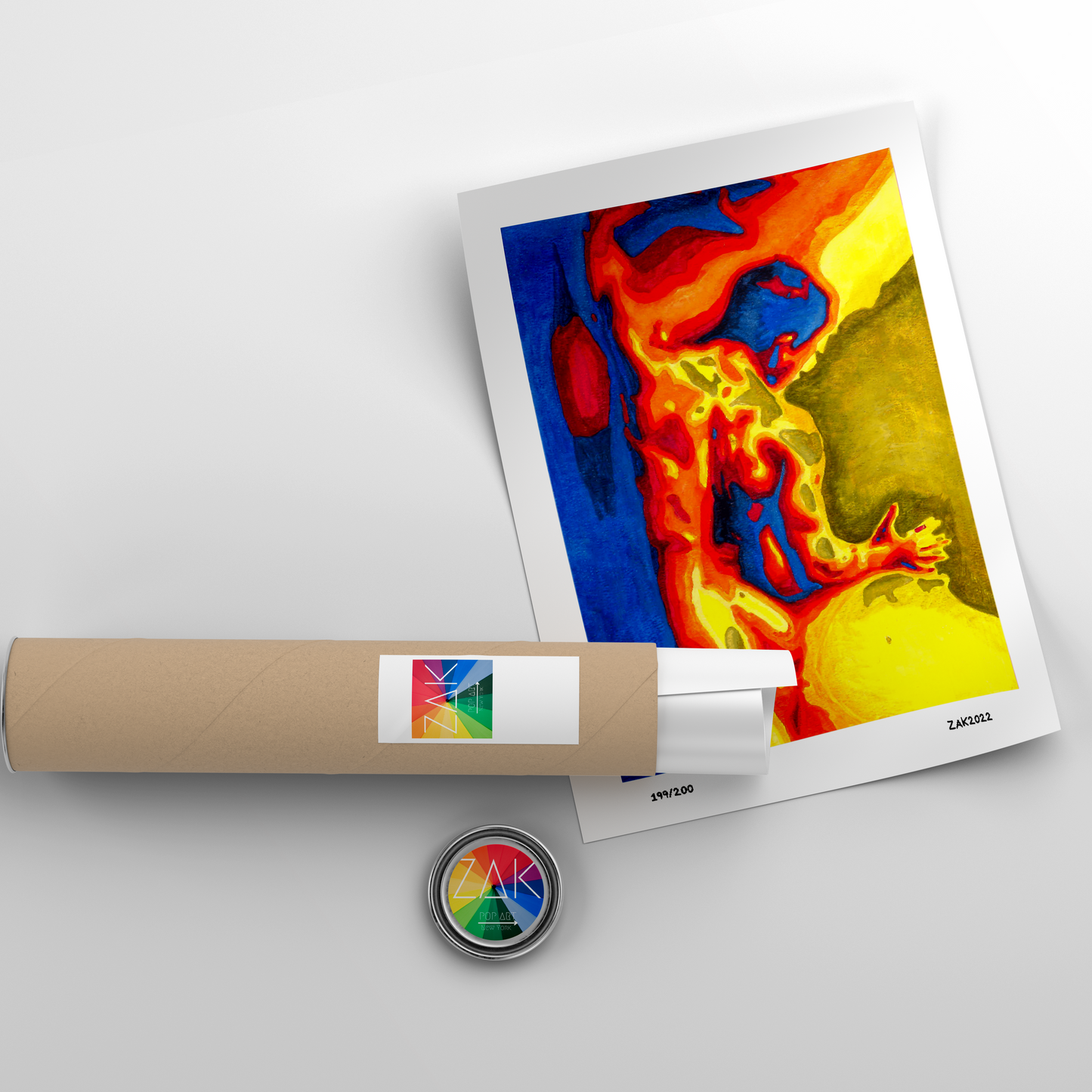 This image features a striking watercolor print titled "Brawn," depicting a vibrant and abstract representation of a male figure. The artwork is characterized by a bold and expressive use of color, with fiery oranges, yellows, and reds contrasting with cooler blues and greens, creating a powerful visual impact.