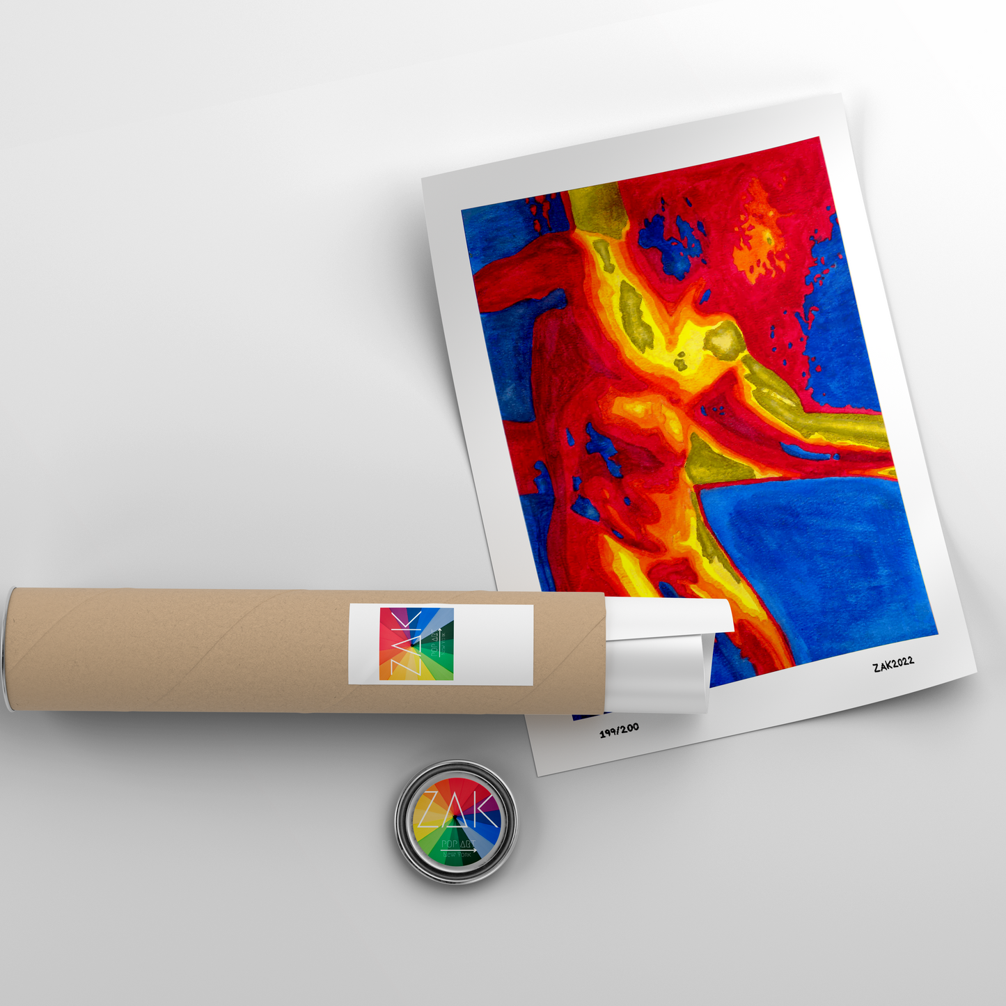 A framed abstract artwork featuring a multicolored, geometric representation of a male figure, with a white border for framing.