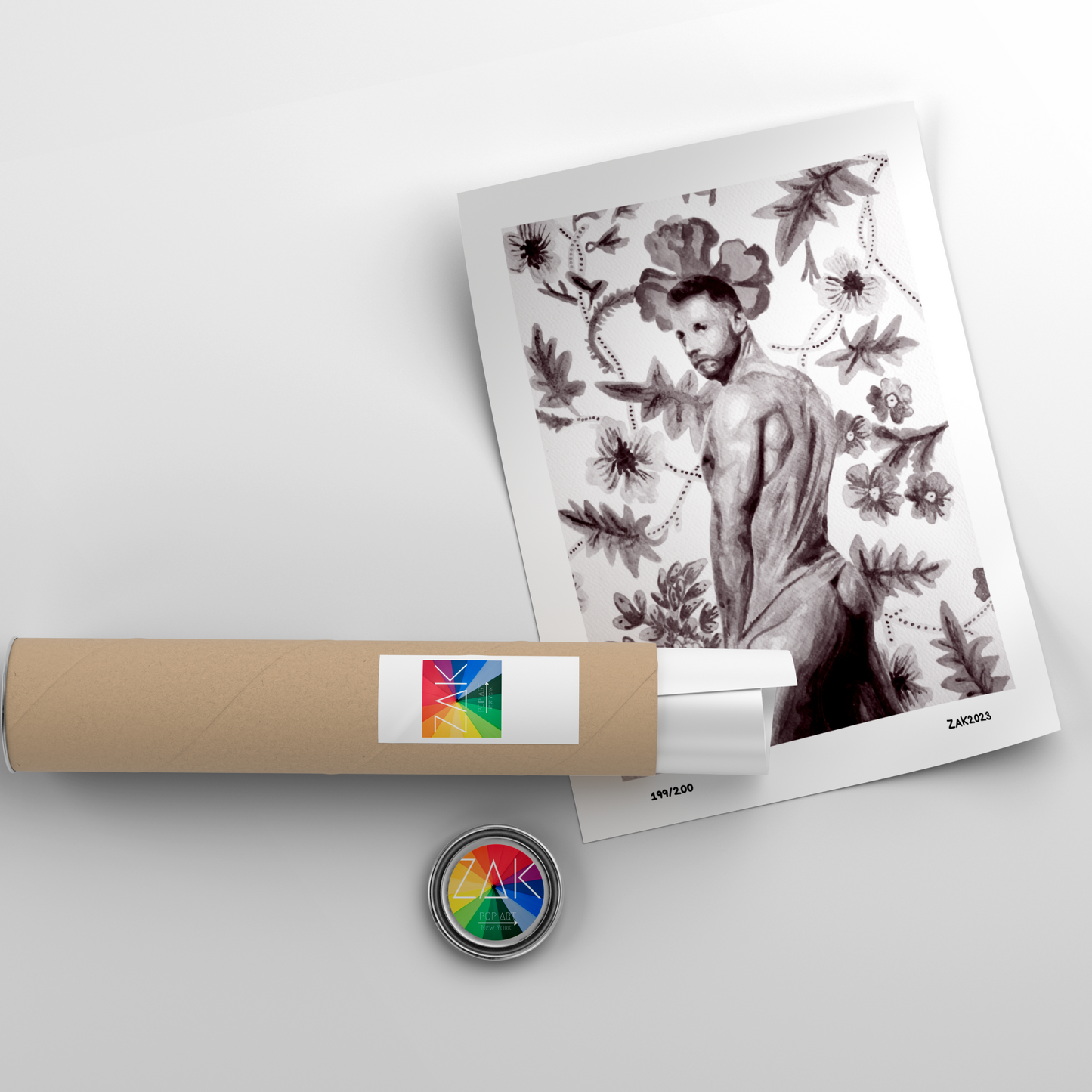 This image features a striking black and white print titled "Male from Behind," showcasing a nude male figure depicted with delicate, vibrant spring flowers. The artwork combines a sensual male figure with an elegant floral backdrop, creating a captivating and visually appealing piece.