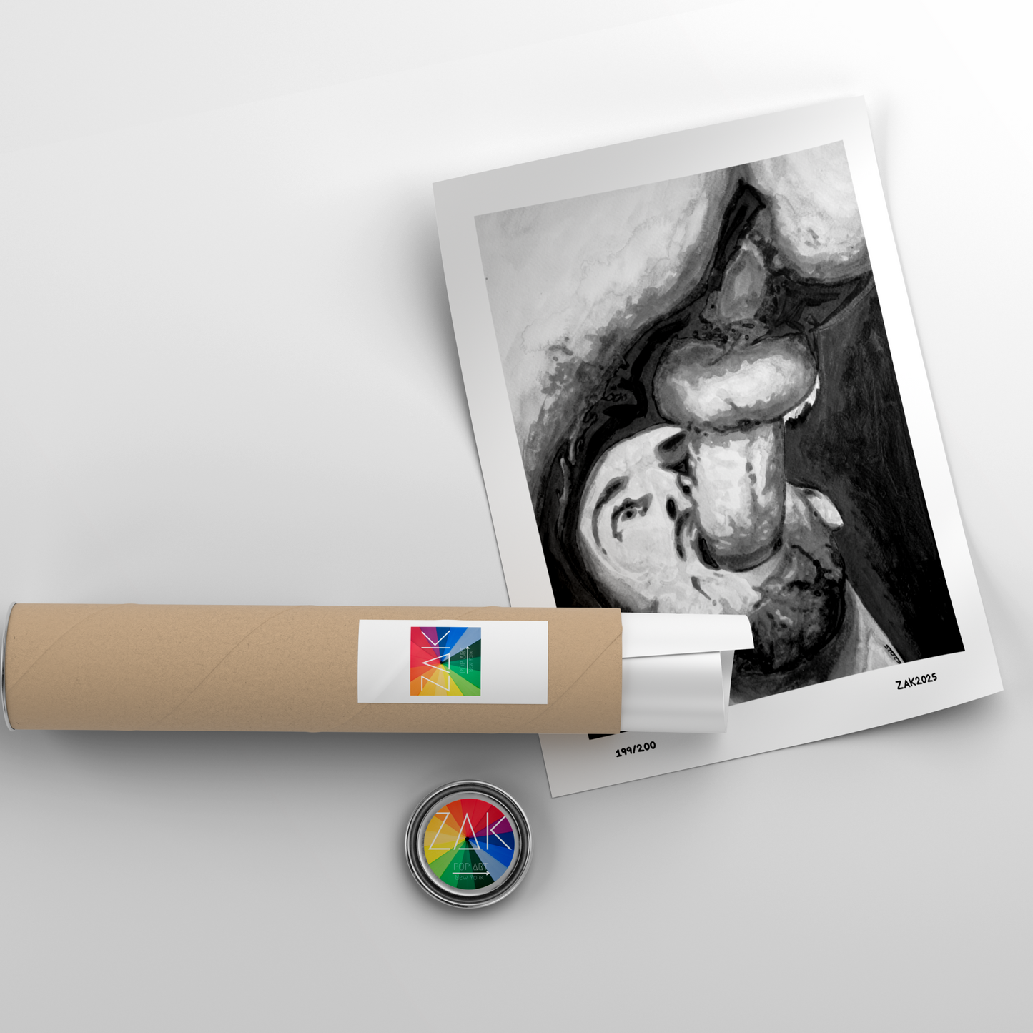 Roll of paper with a printed photo on a light gray background