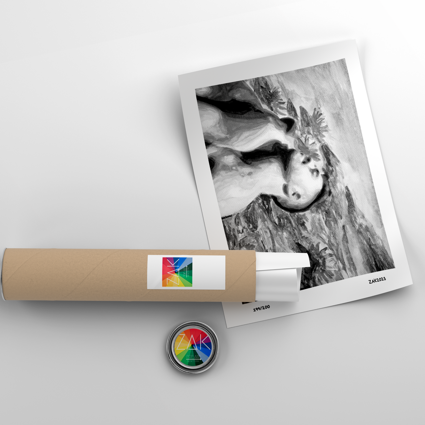 Roll of paper with a printed photo of a raccoon on a white background