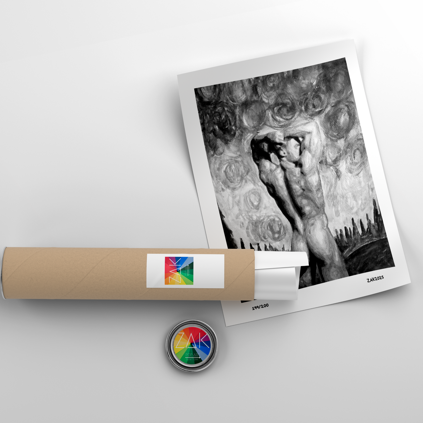 Black and white queer art print of a nude man from behind looking at a hill under a Van Gogh-style sky in Zak Pop Art’s style.