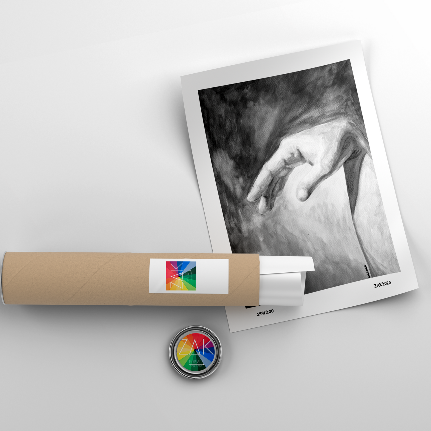 Roll of paper with a photo and a button on a light gray background