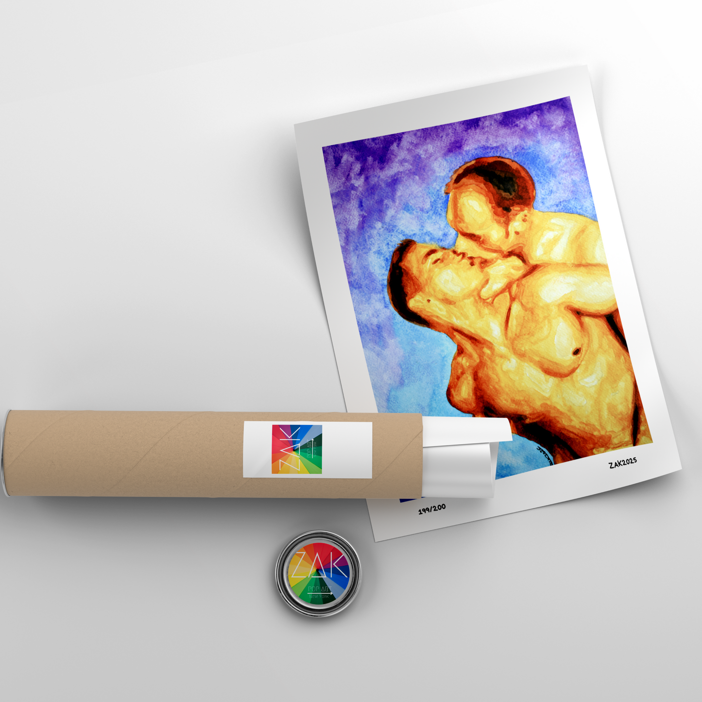 Watercolor painting of two shirtless men lovingly embracing under a clear blue sky. A romantic LGBTQ+ artwork by Zak Pop Art.