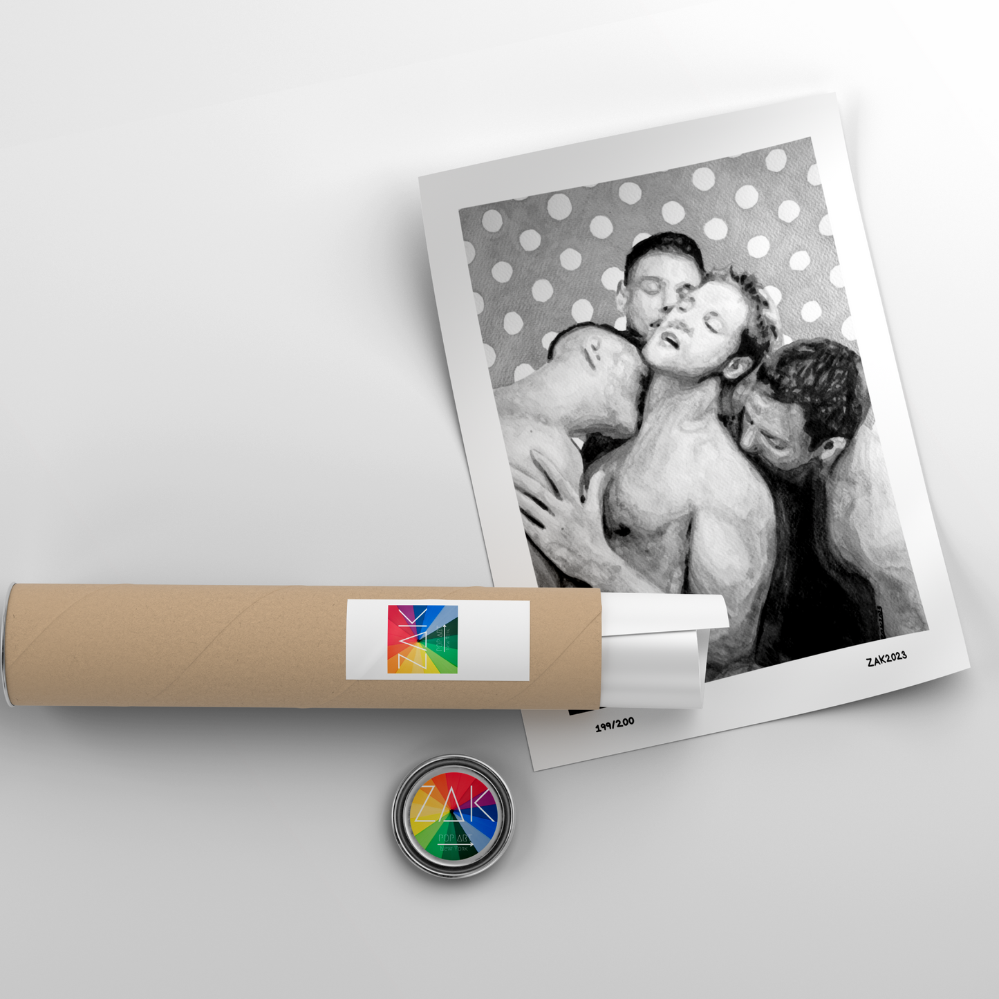 This image features a framed art print titled "Four-way hug (B&W)," showcasing an expressive and intimate black and white portrait of a same-sex couple. The artwork captures a moment of affection and closeness, with the figures embracing each other tenderly.