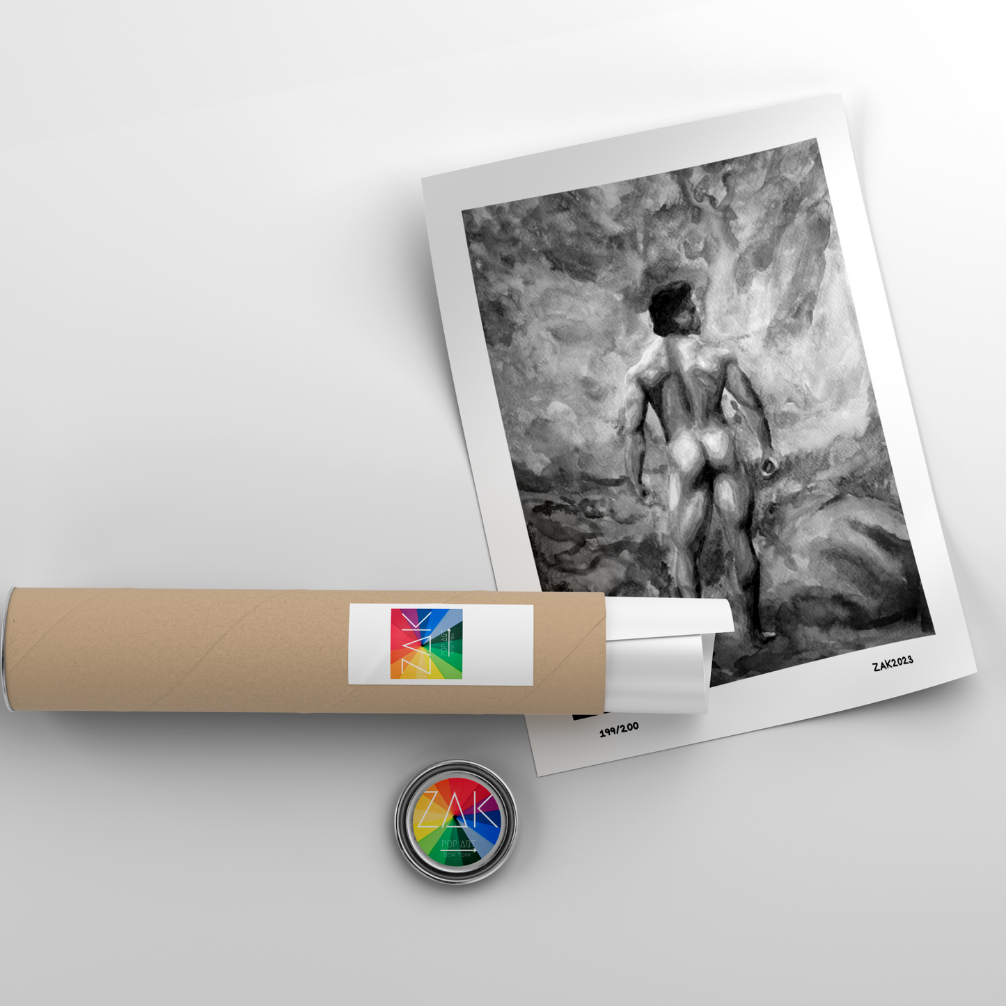 Artistic depiction of a wrapped print with a black and white image of a person on a light gray background.