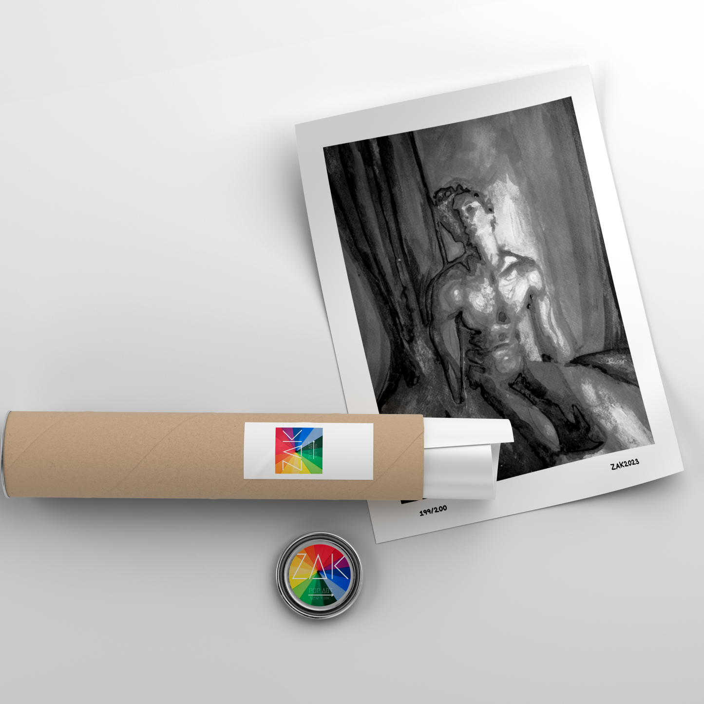 Black and white watercolor painting of a beautiful nude man kneeling, rendered with elegant contrasts and delicate shading, expressing queer grace and strength. Original Zak Pop Art.
