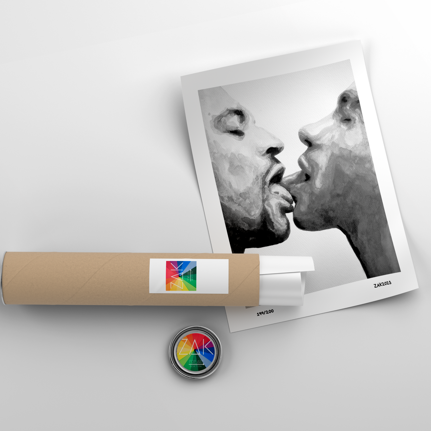 Polaroid photo of two faces with a cylindrical product and colorful label on a light gray background