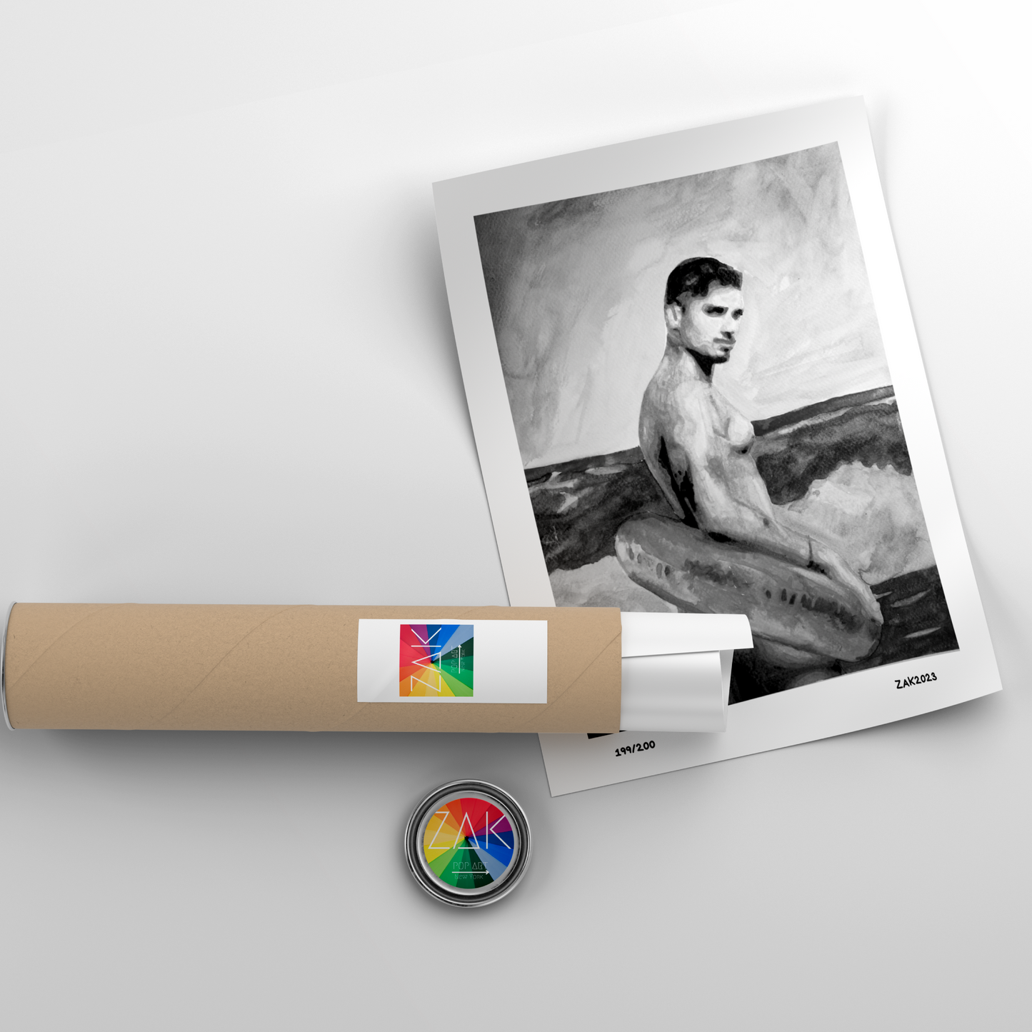 Vintage-style photo of a man on a surfboard with a cylindrical product and circular badge on a light gray background