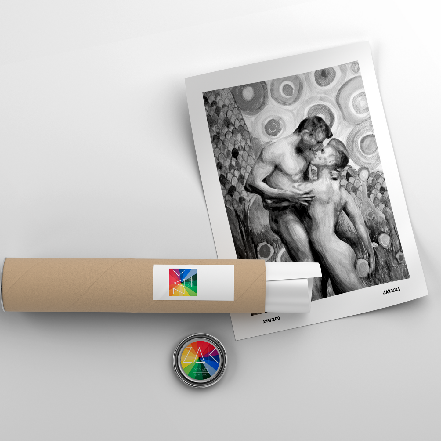 Artistic depiction of a couple embracing with a roll of paper and a button in the foreground on a light gray background