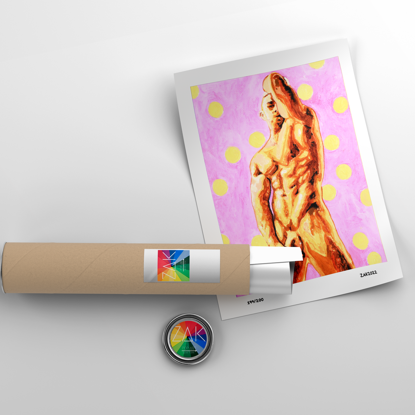 This image features a striking Giclée print titled "Pink & Polka Dot," which showcases a vibrant and artistic depiction of a male model figure. The artwork is characterized by its bold use of color, with shades of pink and yellow creating a lively, uplifting atmosphere.