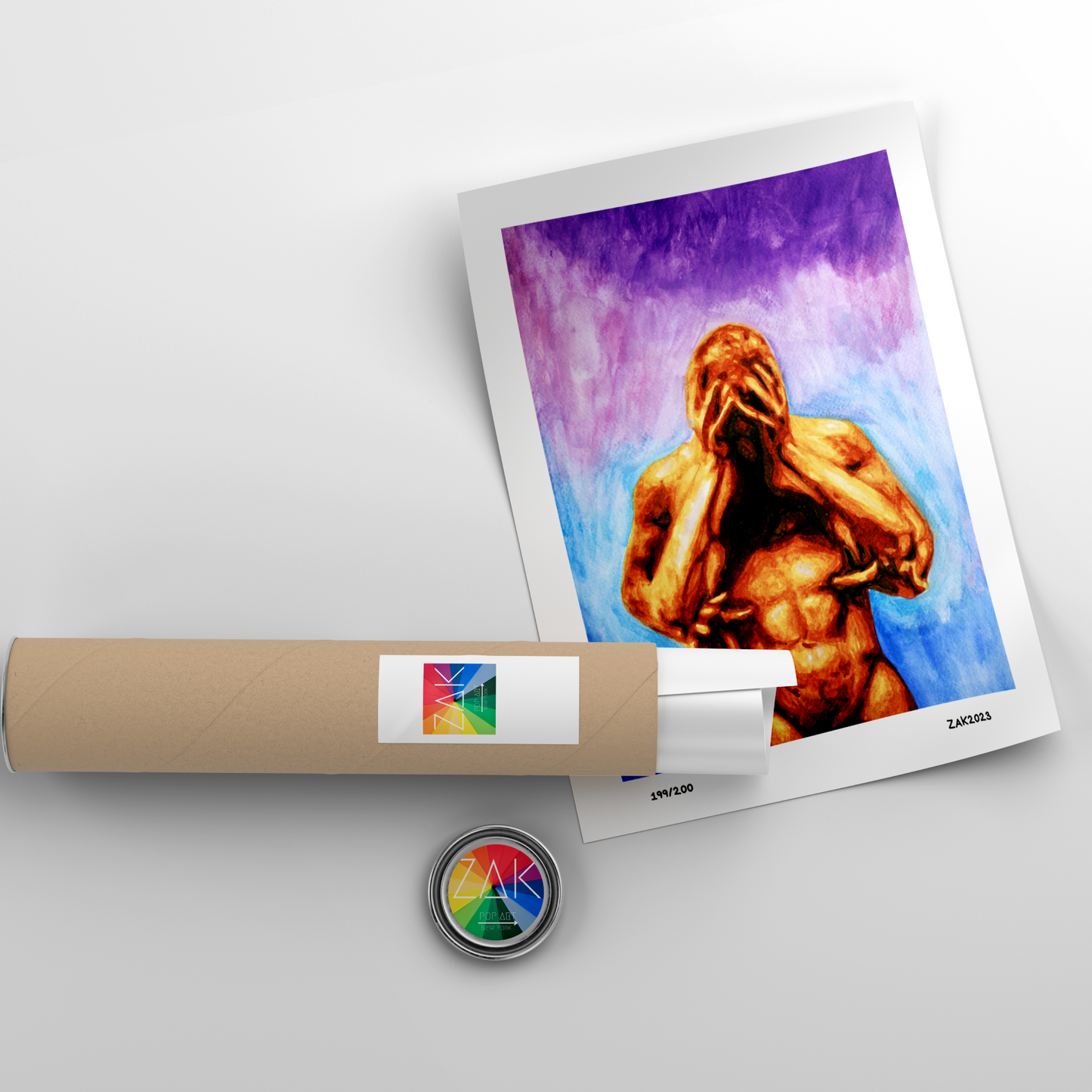 Watercolor of a muscular nude man holding his head in distress while another man gently hugs him from behind, with a blue and purple background.