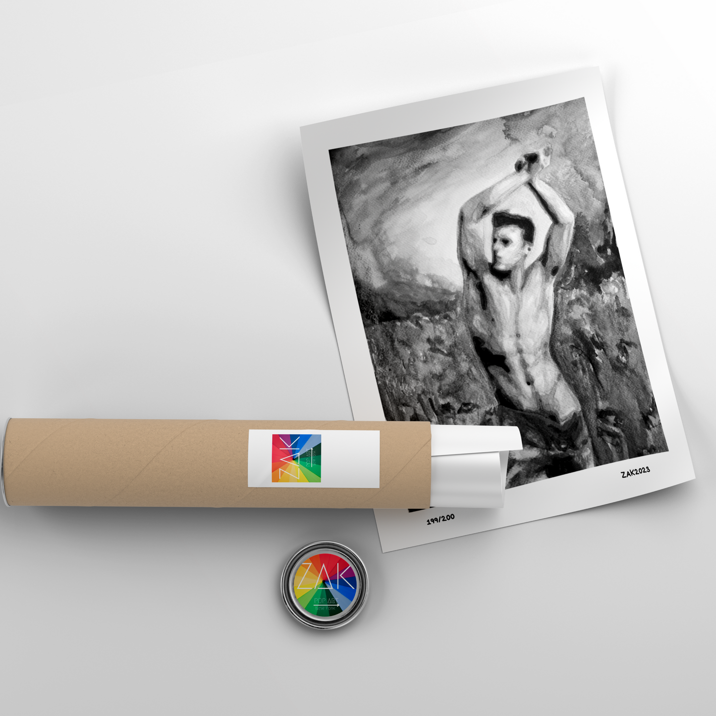 Rolled-up artwork with a label and a button on a light gray background