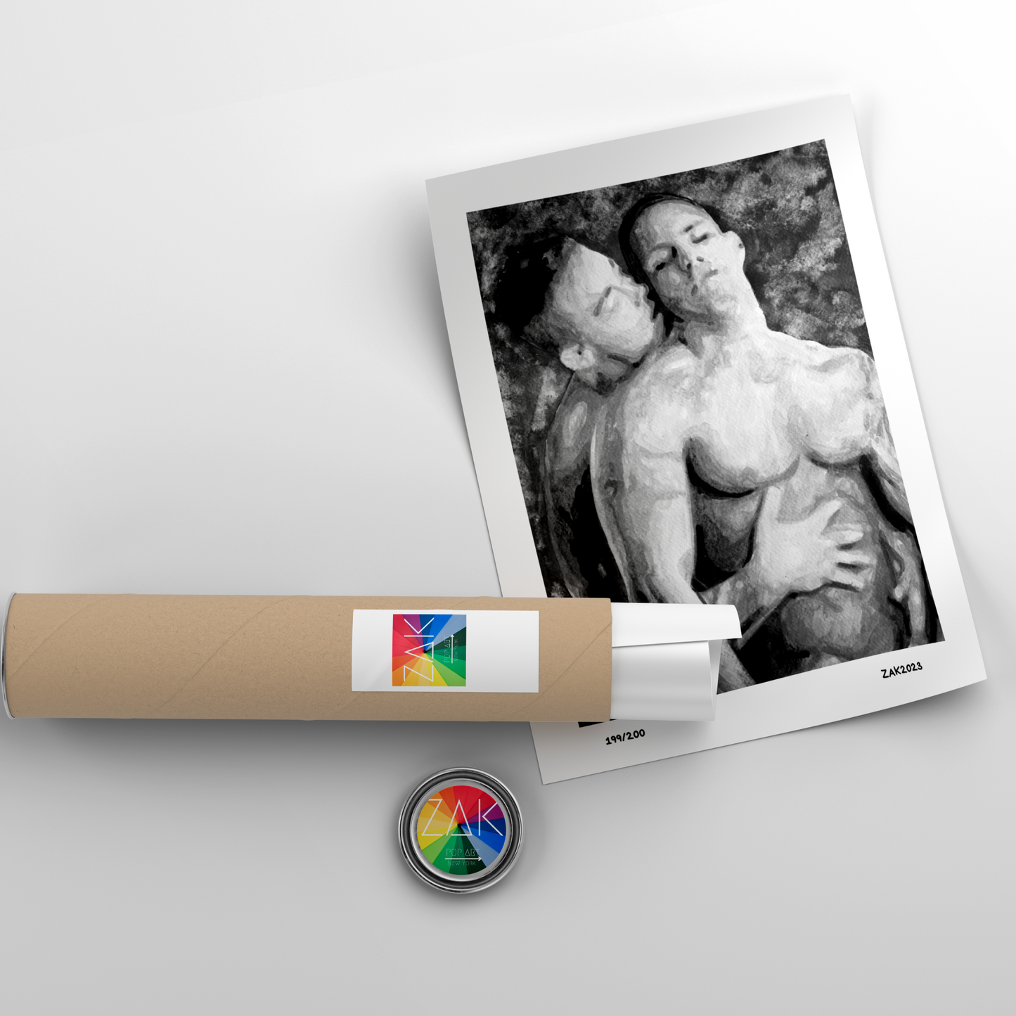 Artistic depiction of a classical sculpture with a rolled-up poster and a button on a light gray background