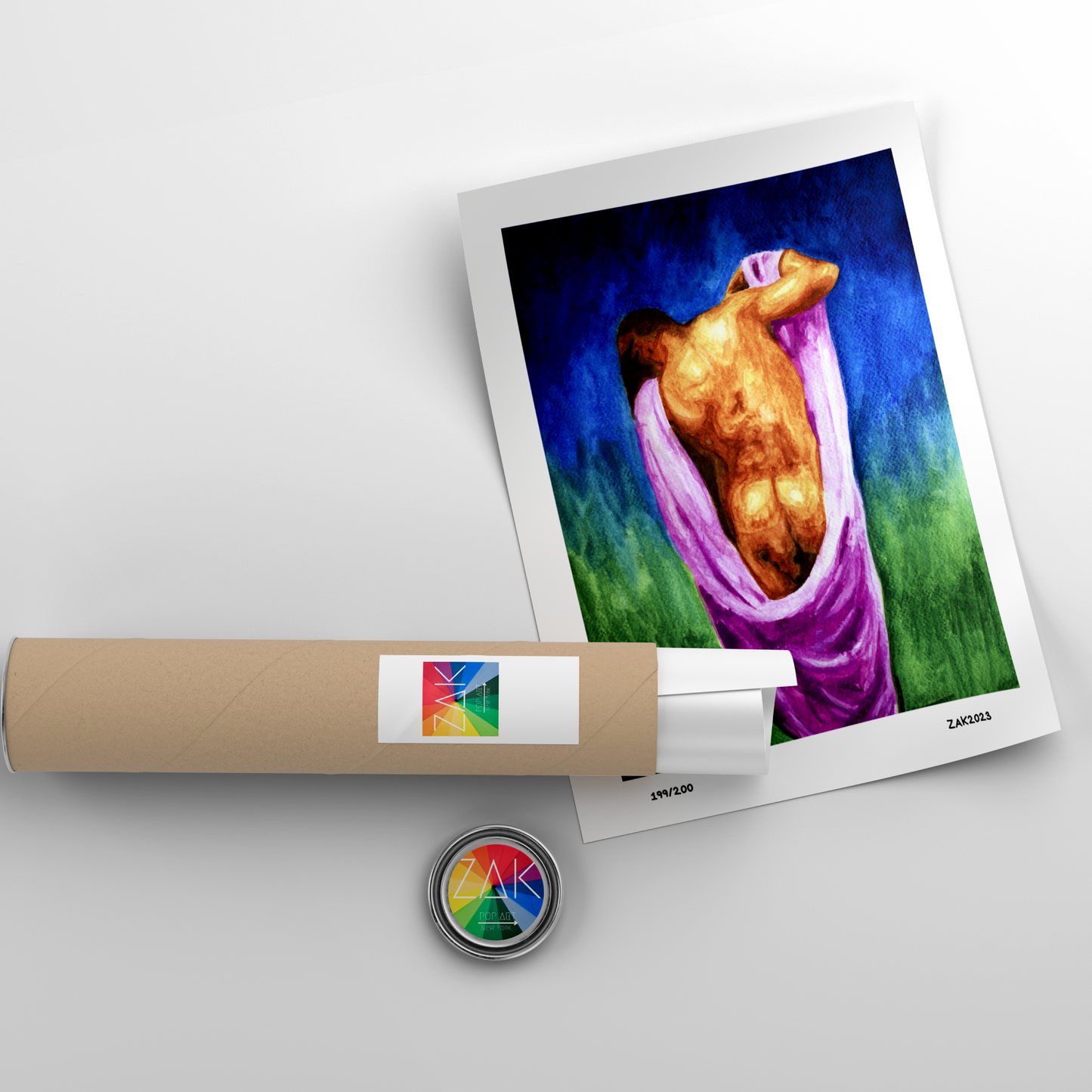 Artistic depiction of a lion wrapped in a purple blanket on a white background