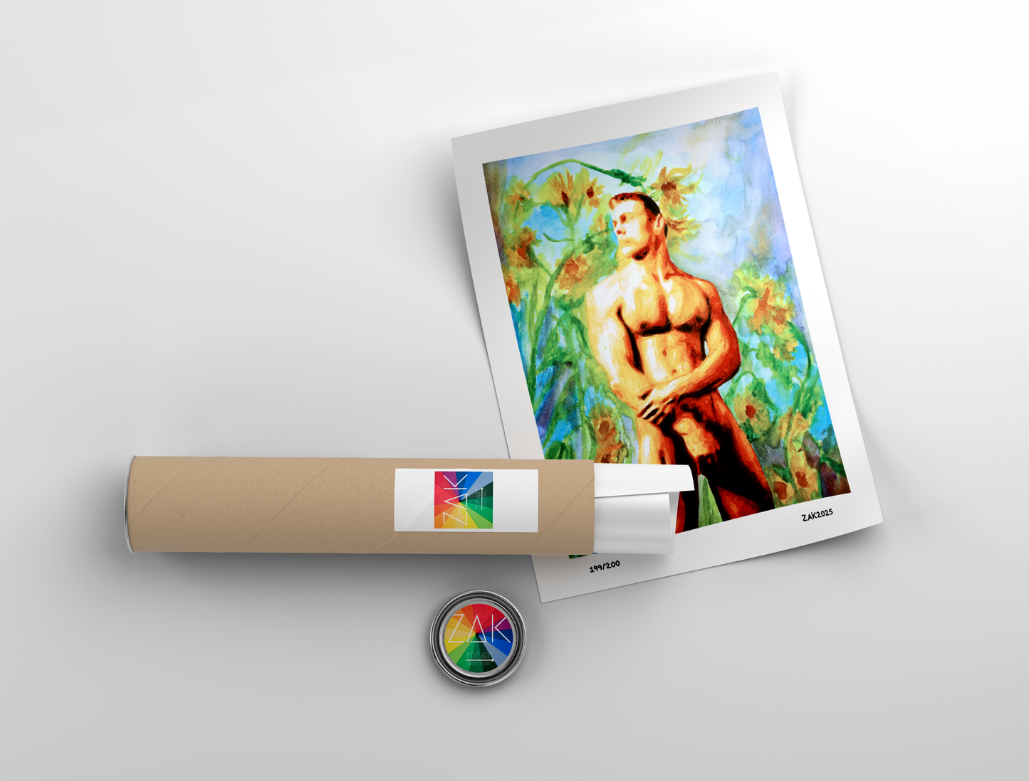 Muscular nude male looking sideways with sunflowers and dreamy sky background in soft watercolor, by Zak Pop Art.