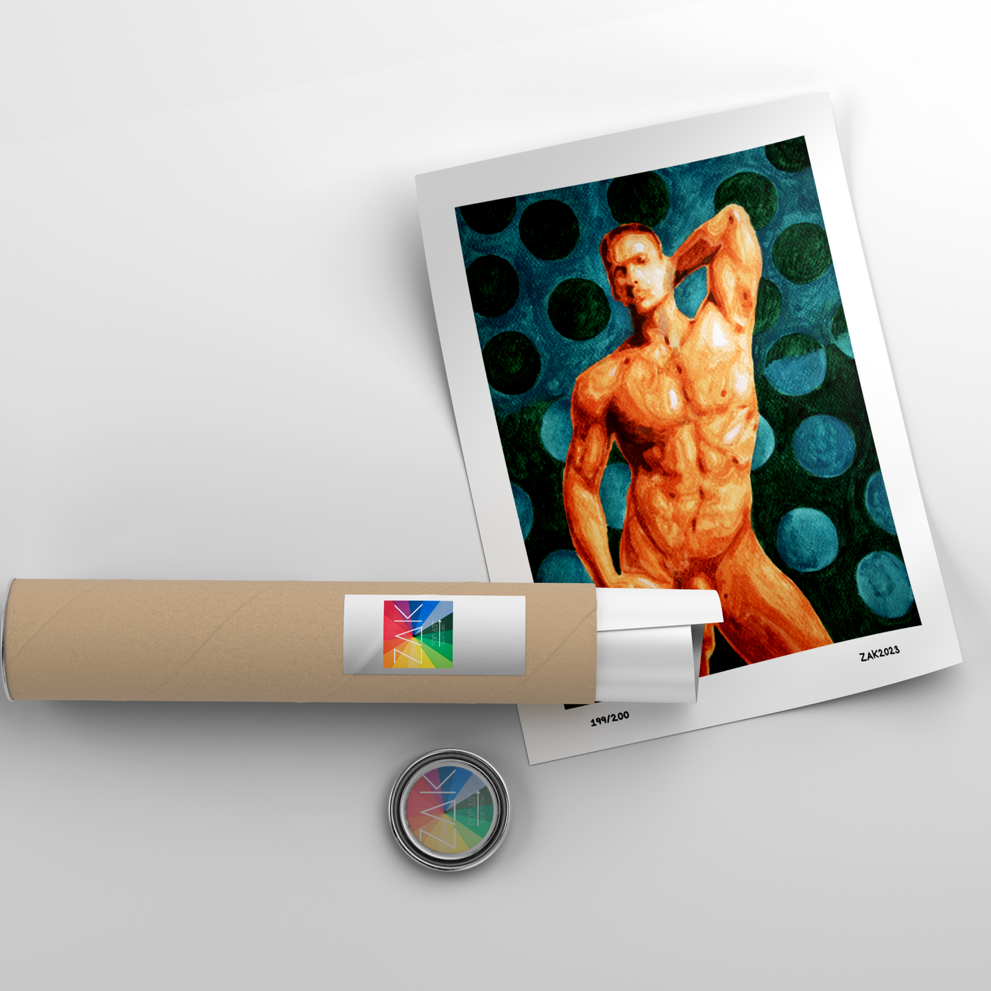This image features a striking section of the "Nude with Polka Dots" art print, showcasing a vibrant and colorful depiction of a male nude figure. The figure, rendered in a bold and expressive style, is set against a dynamic background of blue and green dots, enhancing the visual drama of the piece.